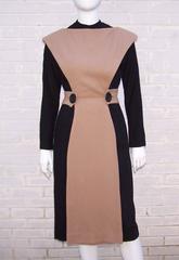 Austere 1950's Two Tone Black Wool Wiggle Dress With Camel Overlay