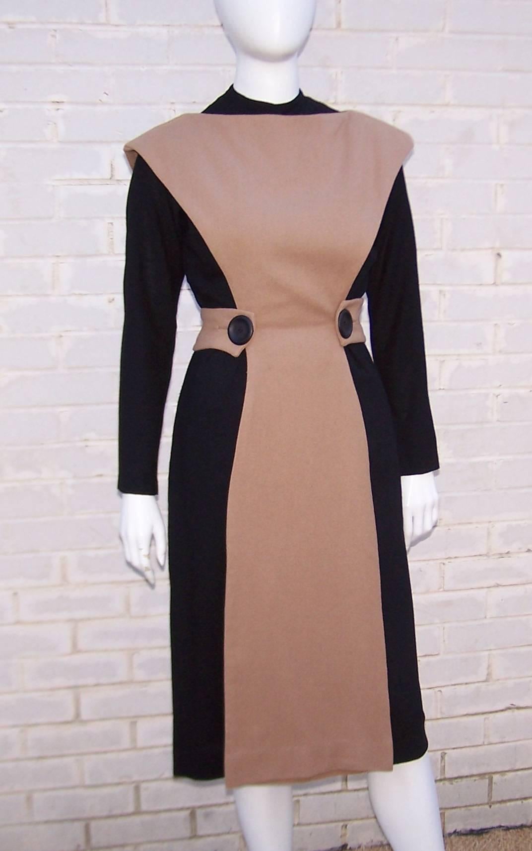 Brown Austere 1950's Two Tone Black Wool Wiggle Dress With Camel Overlay