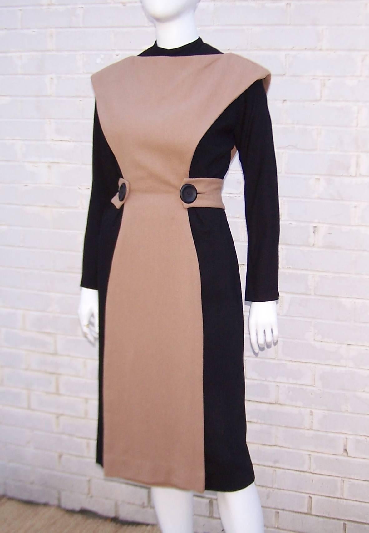 Austere 1950's Two Tone Black Wool Wiggle Dress With Camel Overlay In Excellent Condition In Atlanta, GA