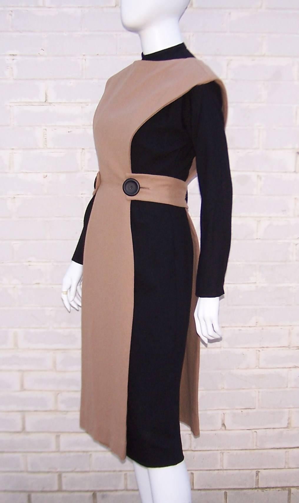 Women's Austere 1950's Two Tone Black Wool Wiggle Dress With Camel Overlay