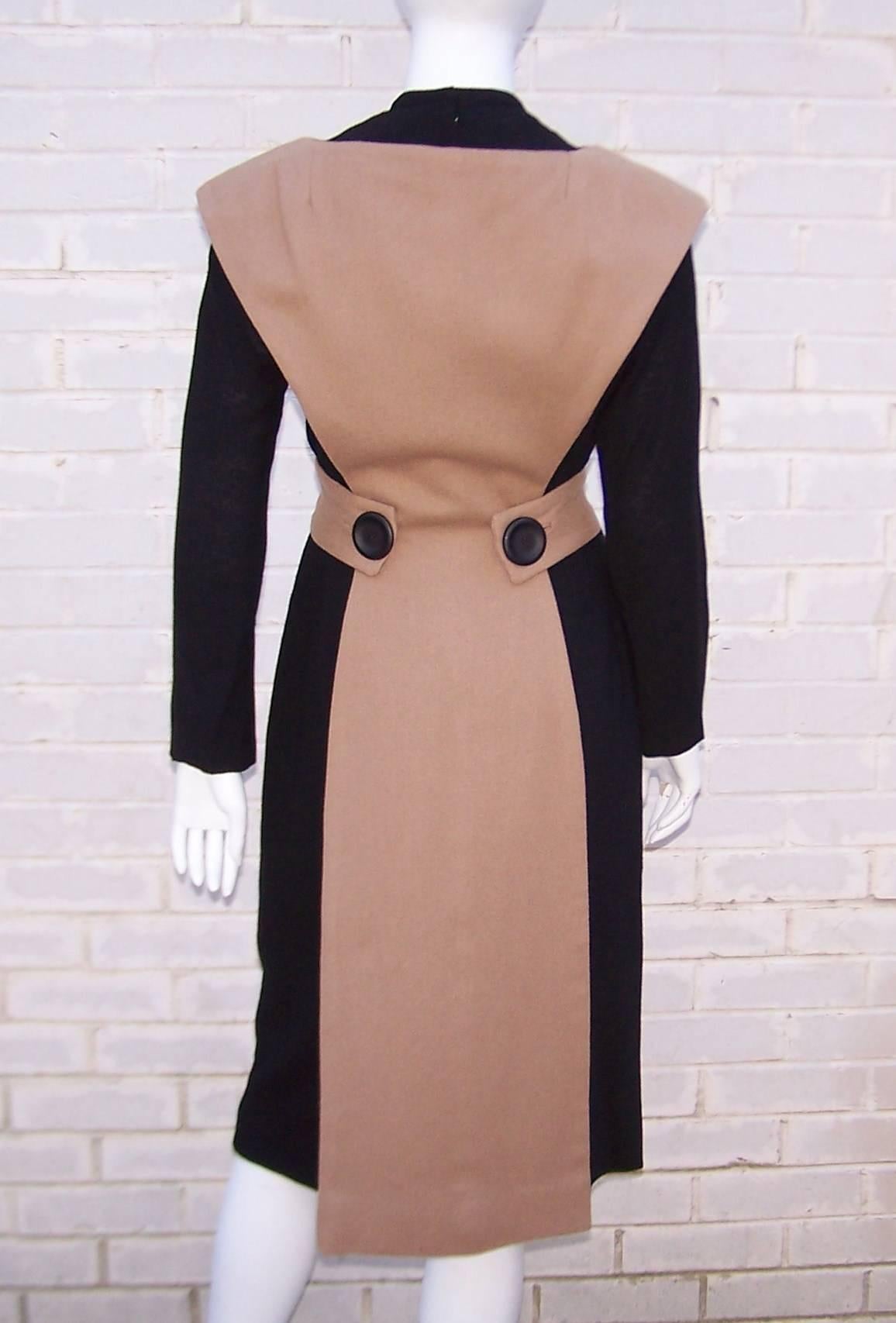 Austere 1950's Two Tone Black Wool Wiggle Dress With Camel Overlay 1