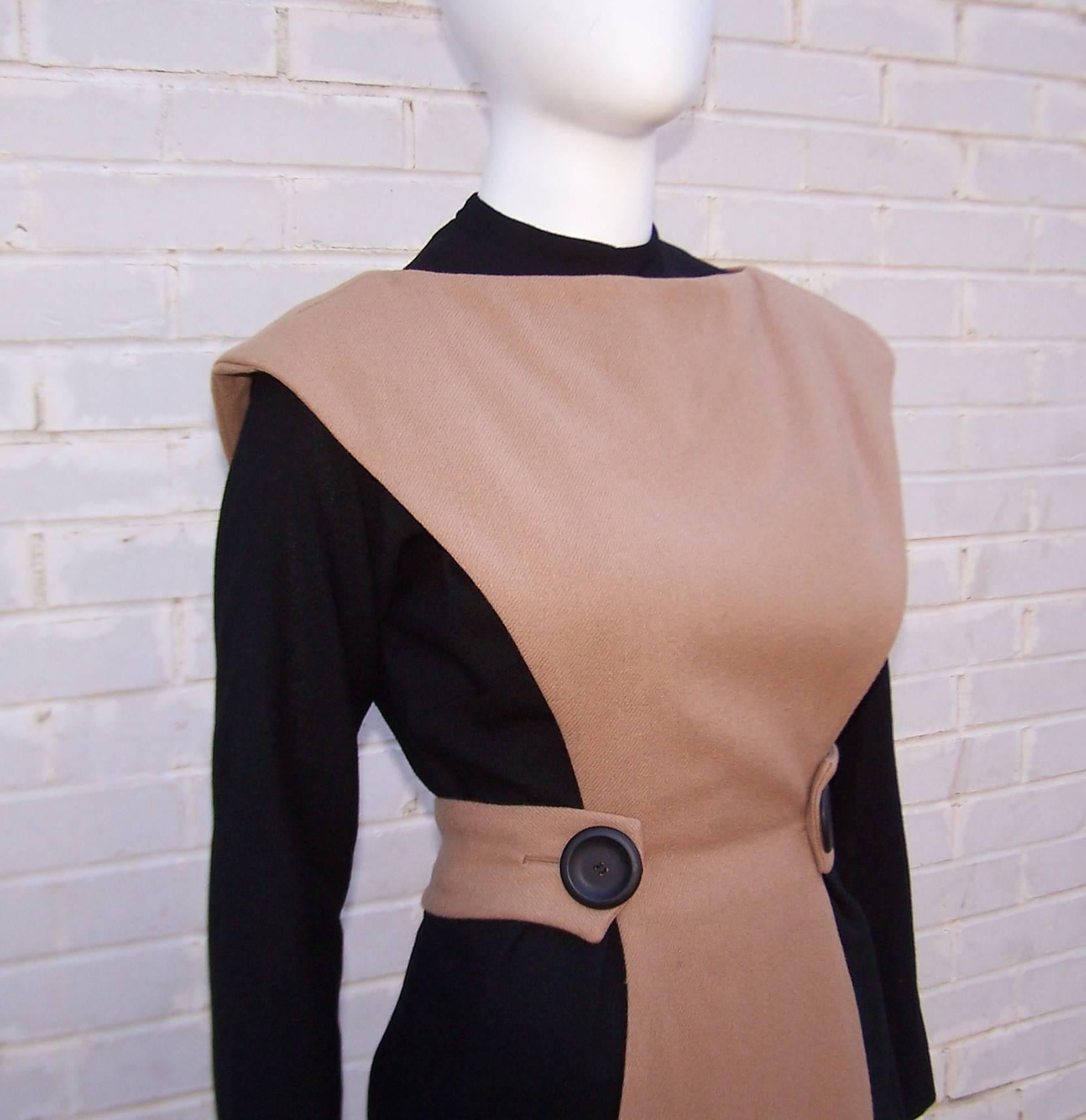 Austere 1950's Two Tone Black Wool Wiggle Dress With Camel Overlay 2
