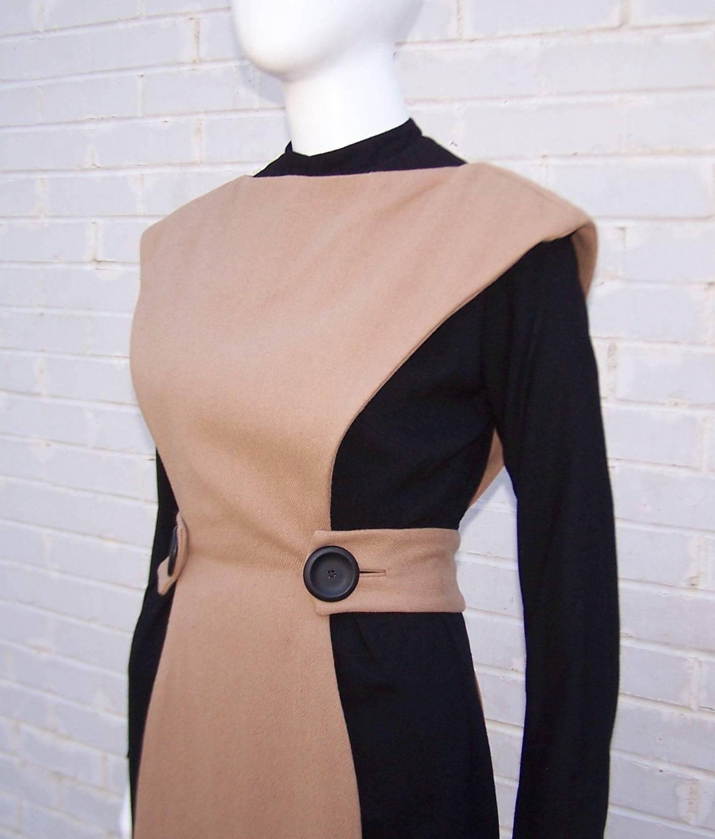 Austere 1950's Two Tone Black Wool Wiggle Dress With Camel Overlay 3