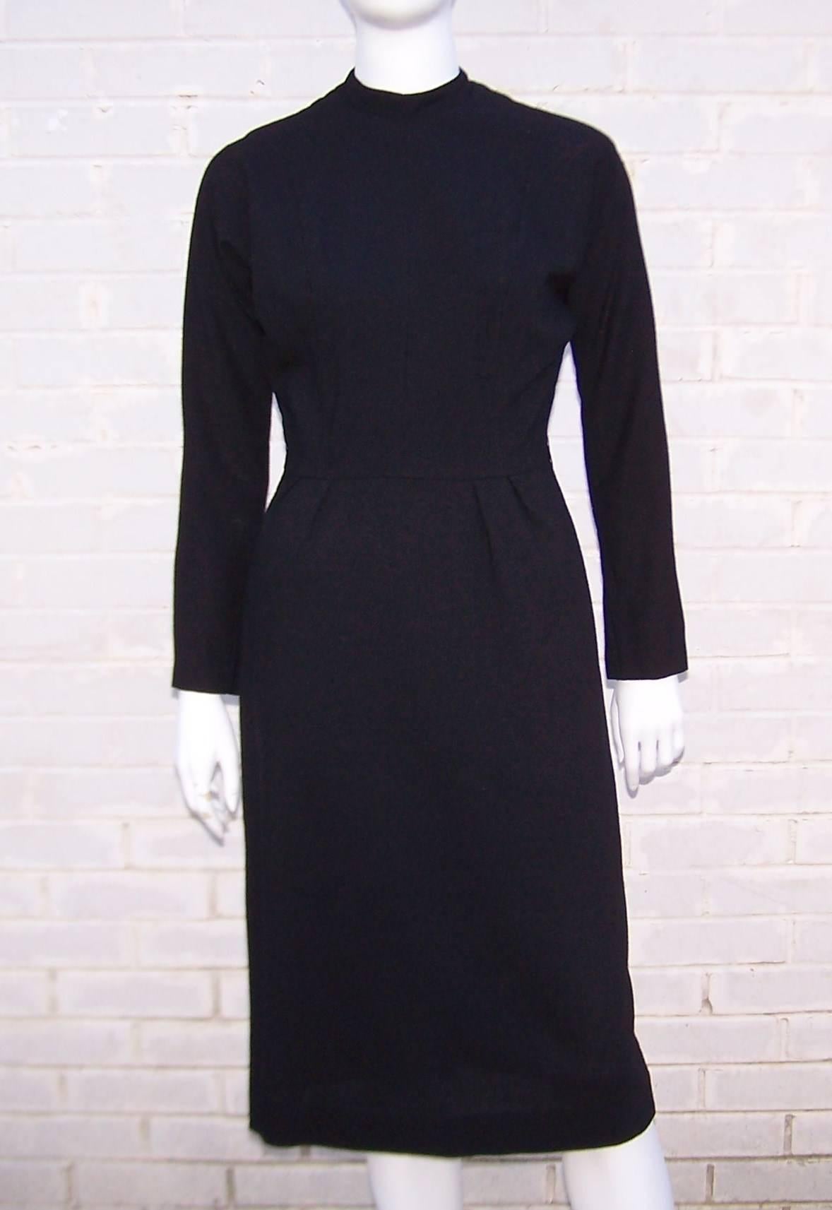 Austere 1950's Two Tone Black Wool Wiggle Dress With Camel Overlay 4