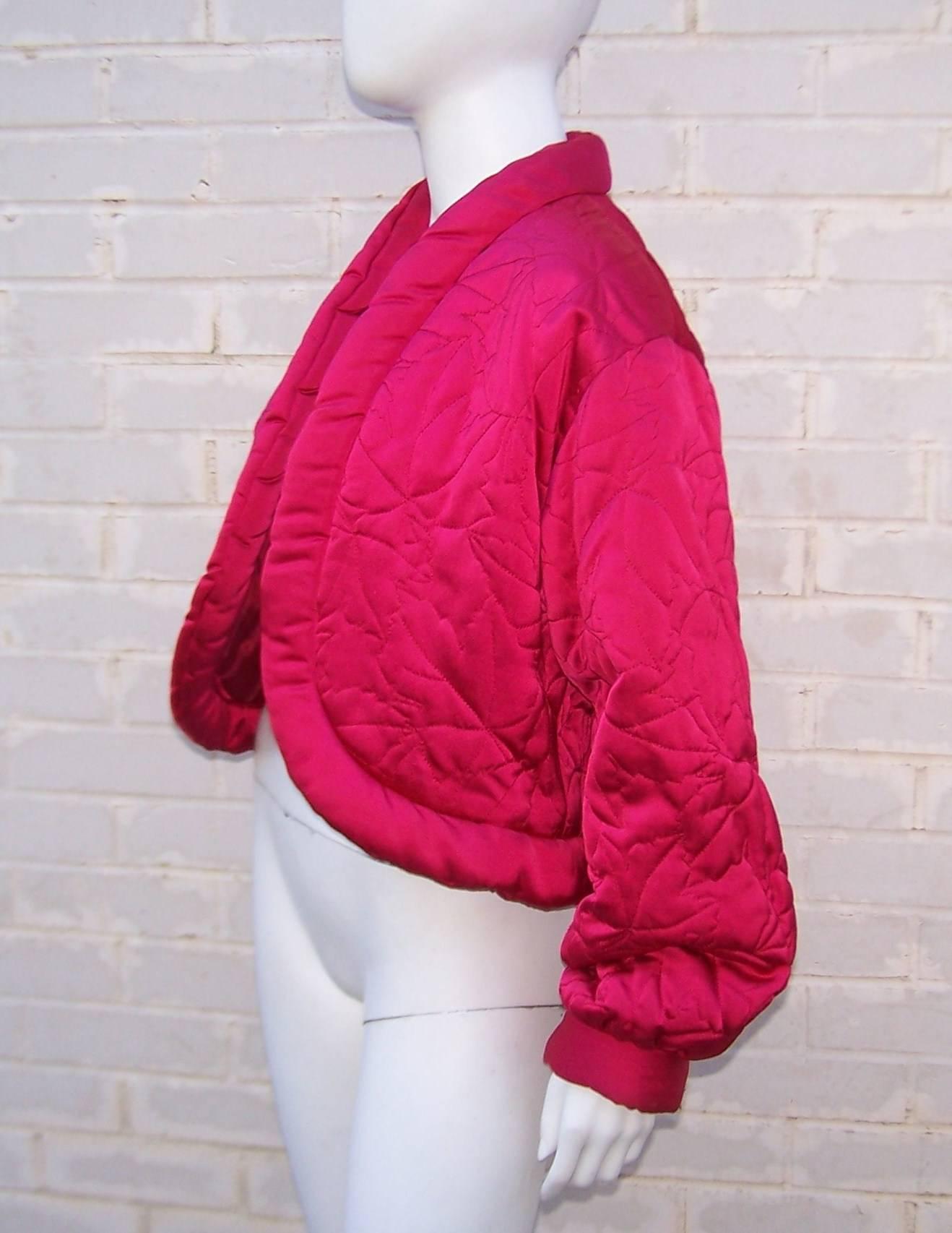 1980's Guy Laroche Hot Pink Puffer Jacket With Cropped Cutaway Style In Excellent Condition In Atlanta, GA