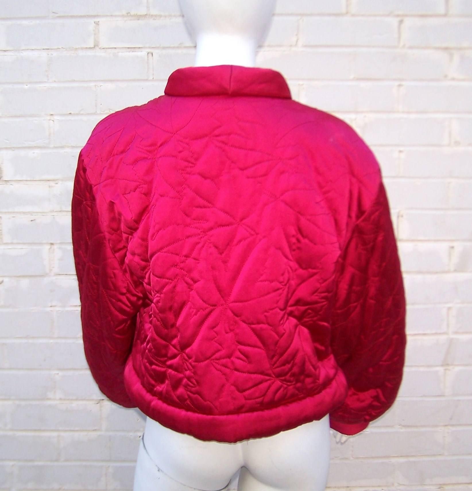 1980's Guy Laroche Hot Pink Puffer Jacket With Cropped Cutaway Style 2