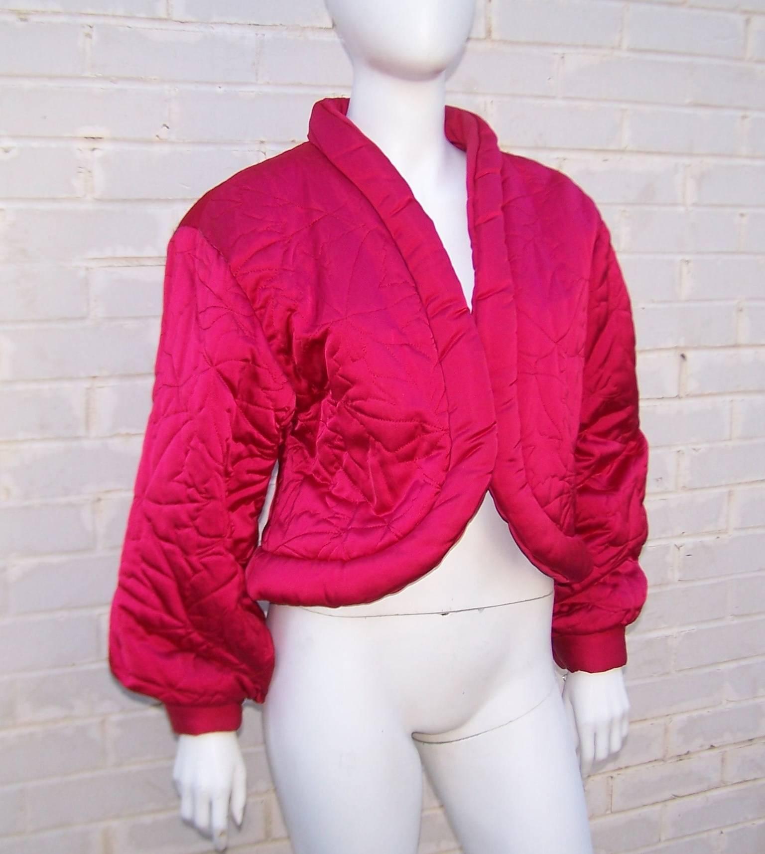 Women's 1980's Guy Laroche Hot Pink Puffer Jacket With Cropped Cutaway Style