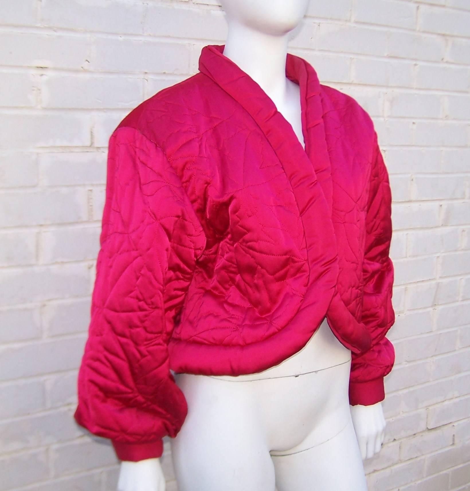 1980's Guy Laroche Hot Pink Puffer Jacket With Cropped Cutaway Style 1