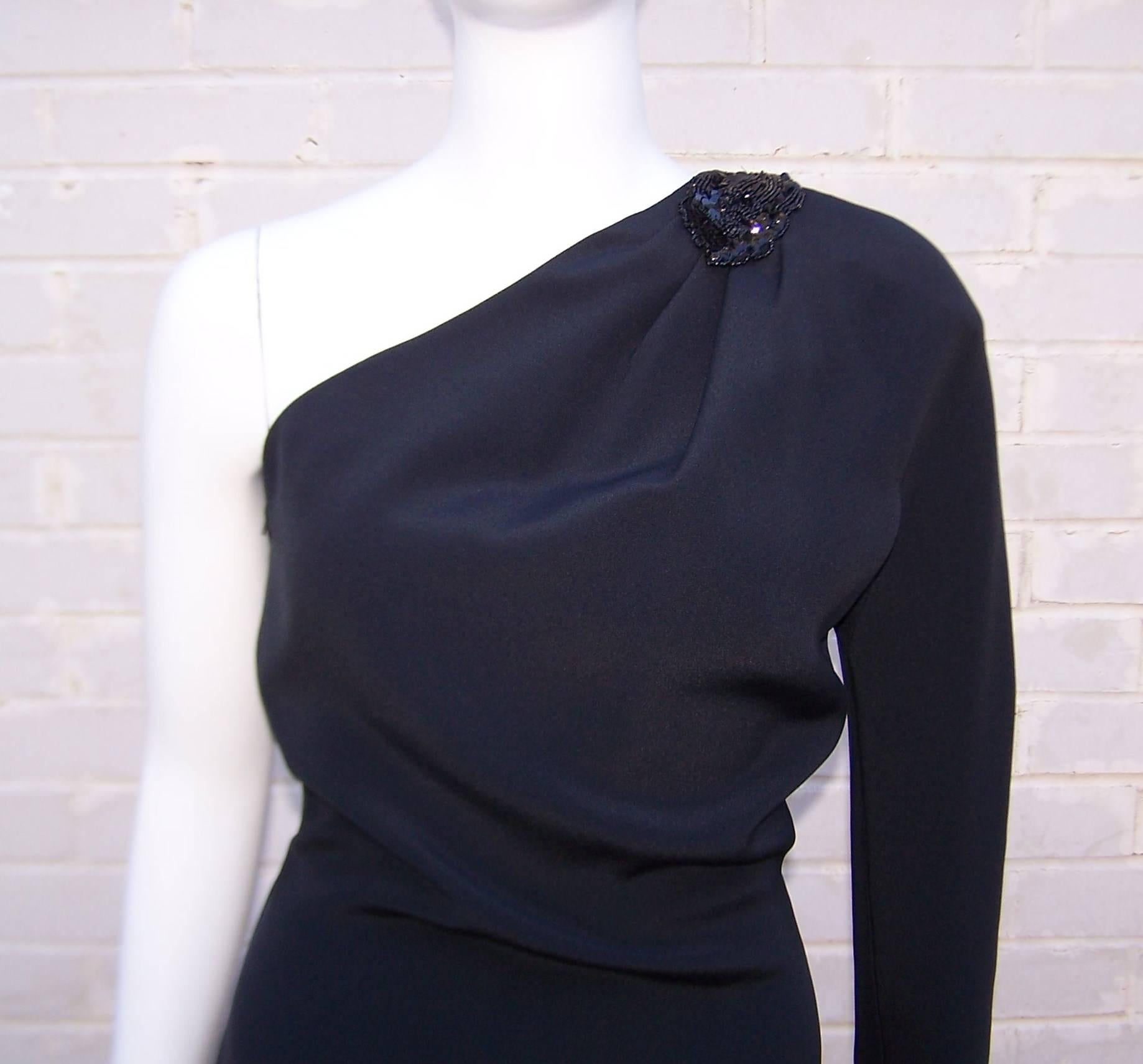 C.1980 Gucci Femme Fatale One Shoulder Black Silk Dress With Beading In Excellent Condition In Atlanta, GA