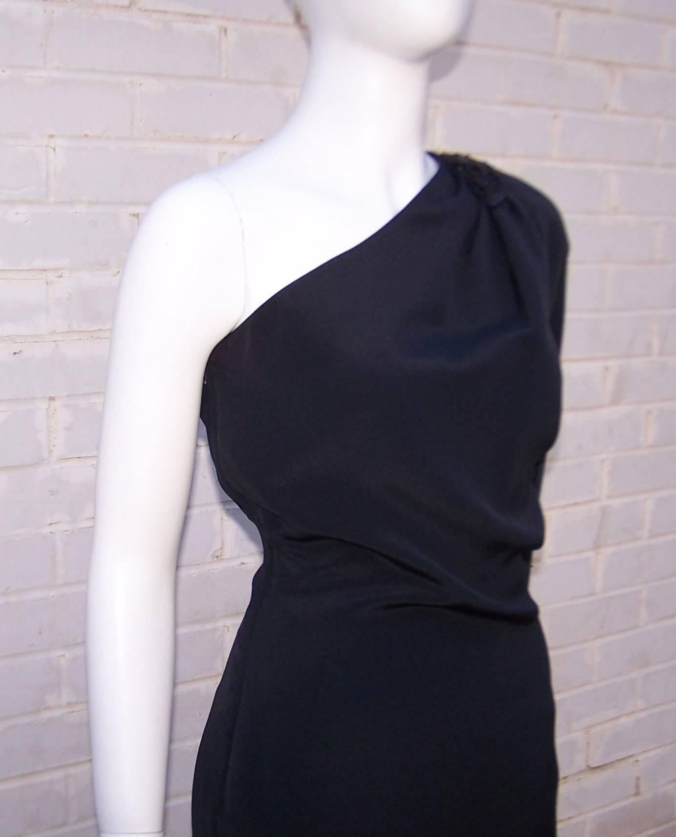 C.1980 Gucci Femme Fatale One Shoulder Black Silk Dress With Beading 1