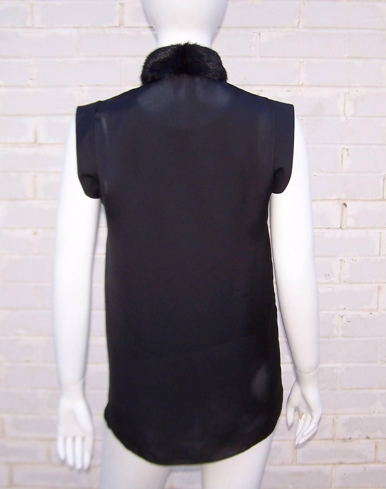 2014 Riccardo Tisci for Givenchy Black Silk Top With Removable Mink Collar In Excellent Condition In Atlanta, GA