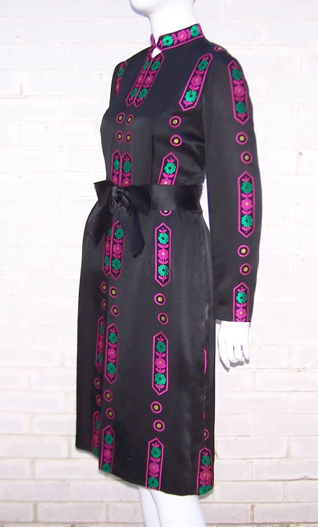 Women's Vibrant 1970's Adele Simpson Asian Inspired Black Satin Dress