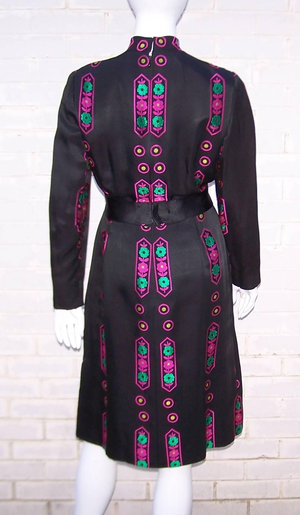 Vibrant 1970's Adele Simpson Asian Inspired Black Satin Dress 1