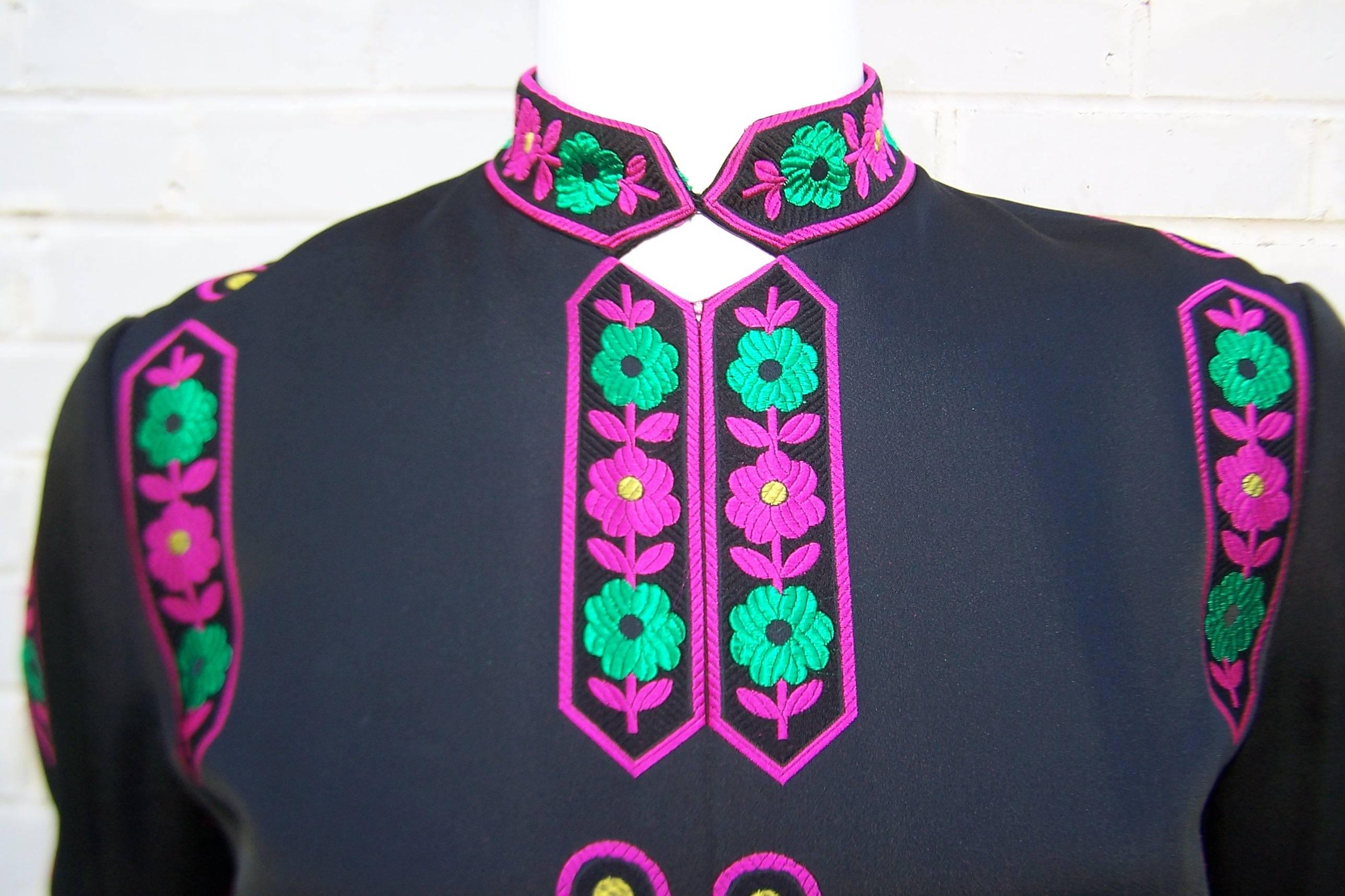 Vibrant 1970's Adele Simpson Asian Inspired Black Satin Dress 2