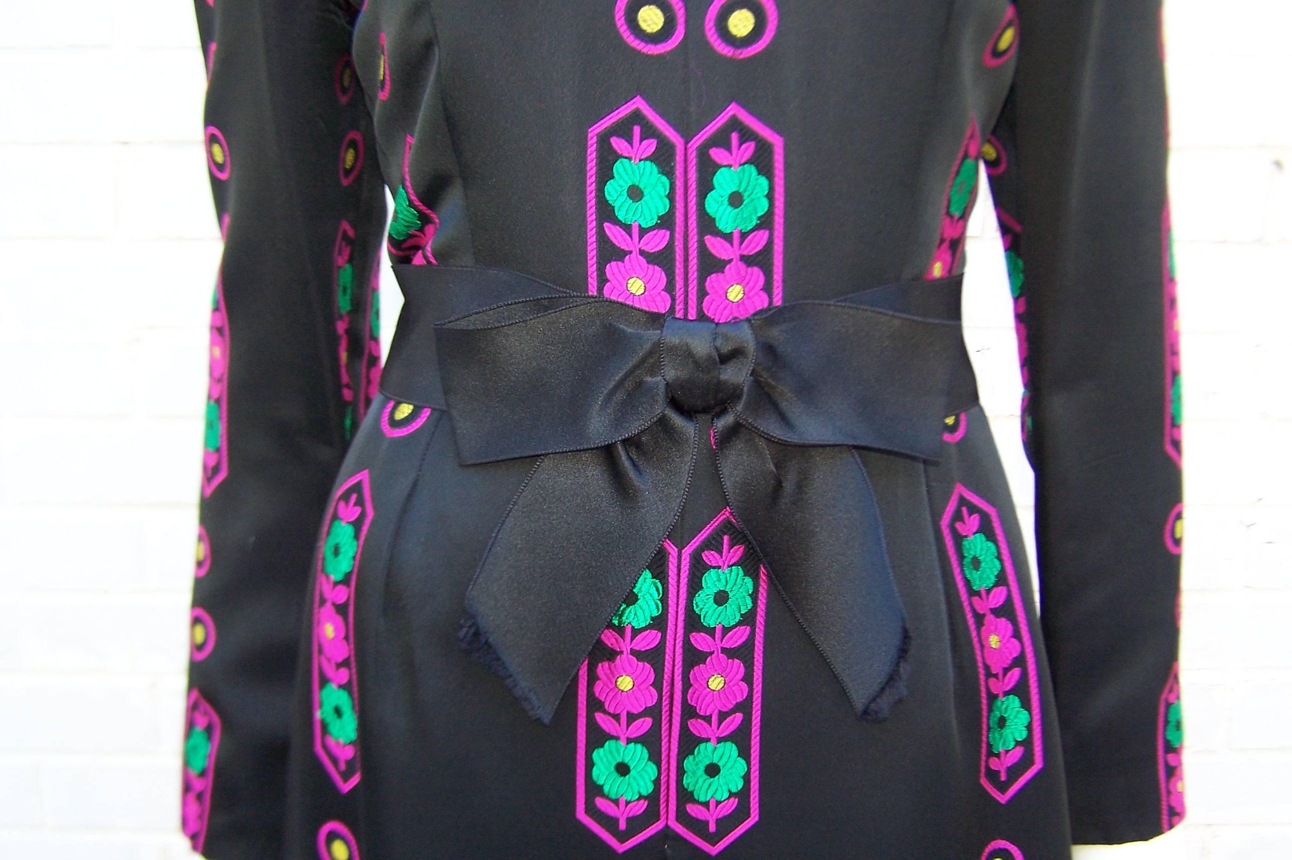 Vibrant 1970's Adele Simpson Asian Inspired Black Satin Dress 3