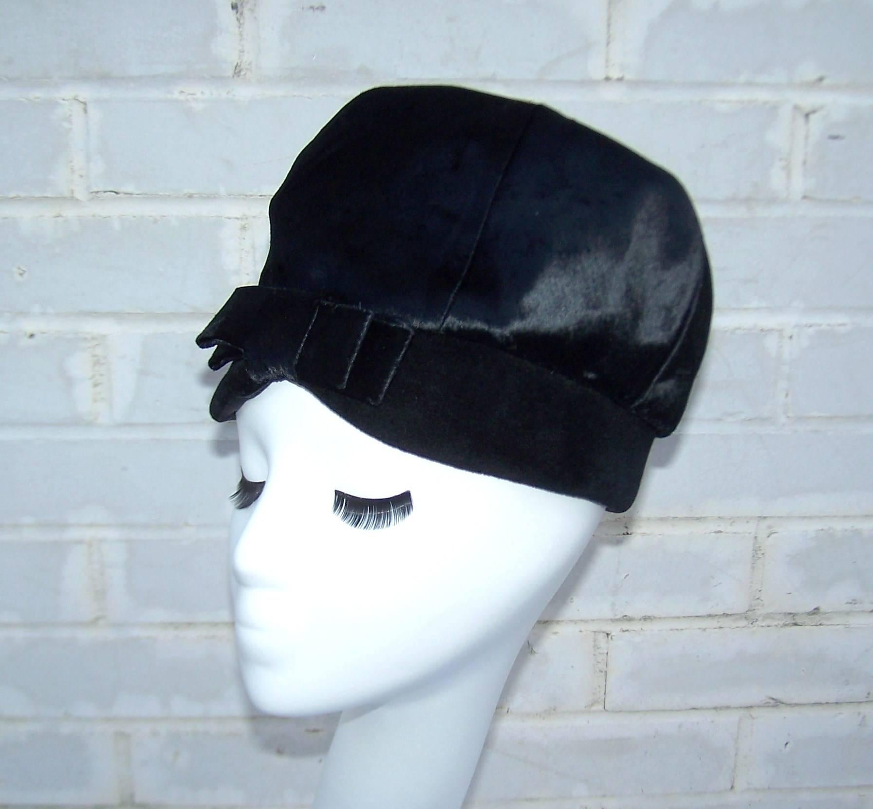 Mr. John Jr. Mod Black Faux Fur & Velvet Hat With Bow, 1960’s 1