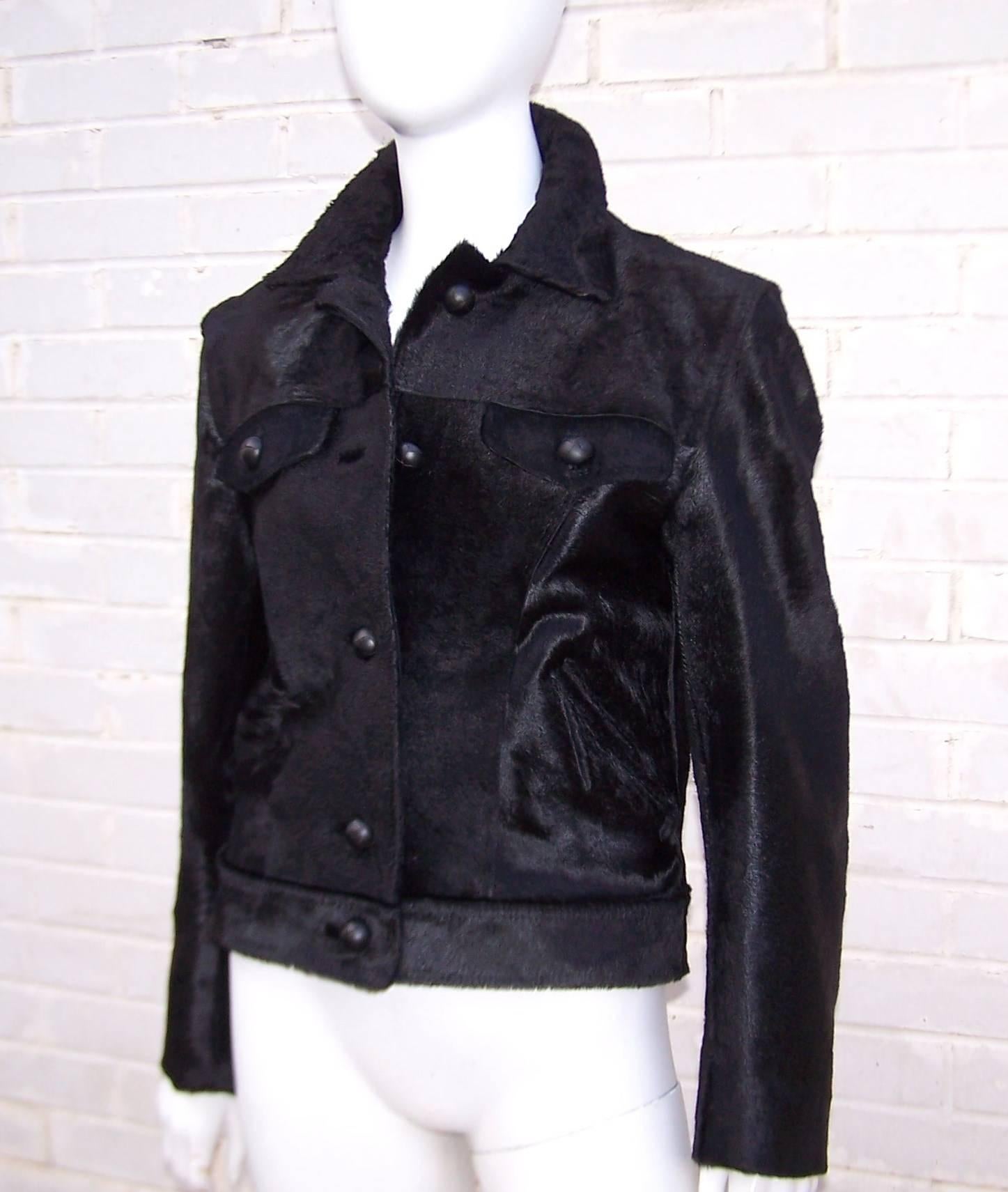 Fierce 1990's Gianni Versace Black Pony Hair Denim Style Jacket  In Excellent Condition In Atlanta, GA