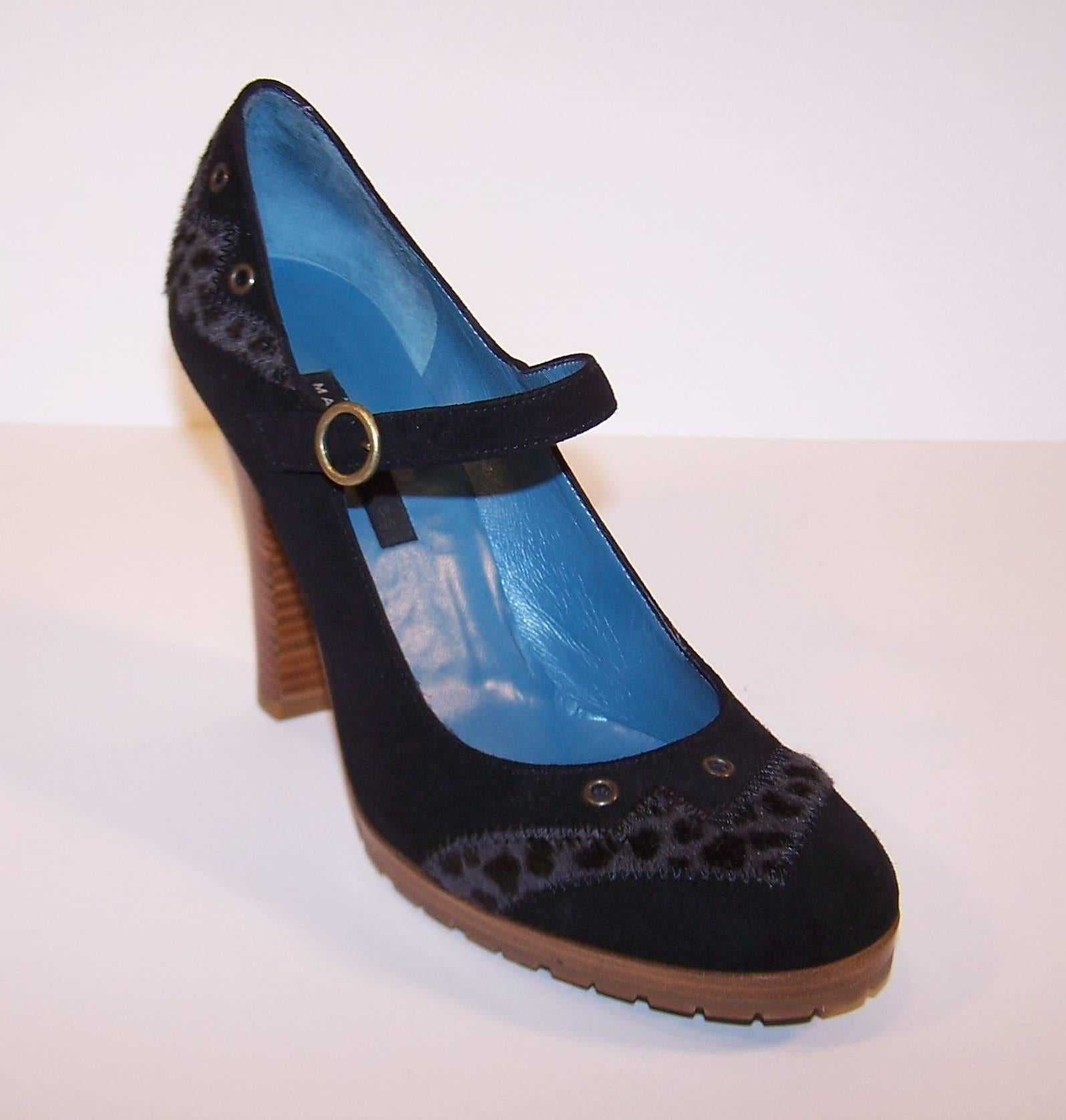 Wild & Woolly Marc Jacobs Black Suede Mary Jane Shoes With Animal Print Trim In Good Condition In Atlanta, GA