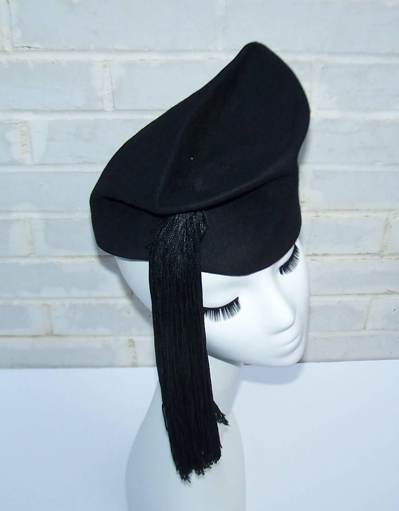 Dramatic 1940's Roberta Bernays Black Tilt Hat With Tassel 1