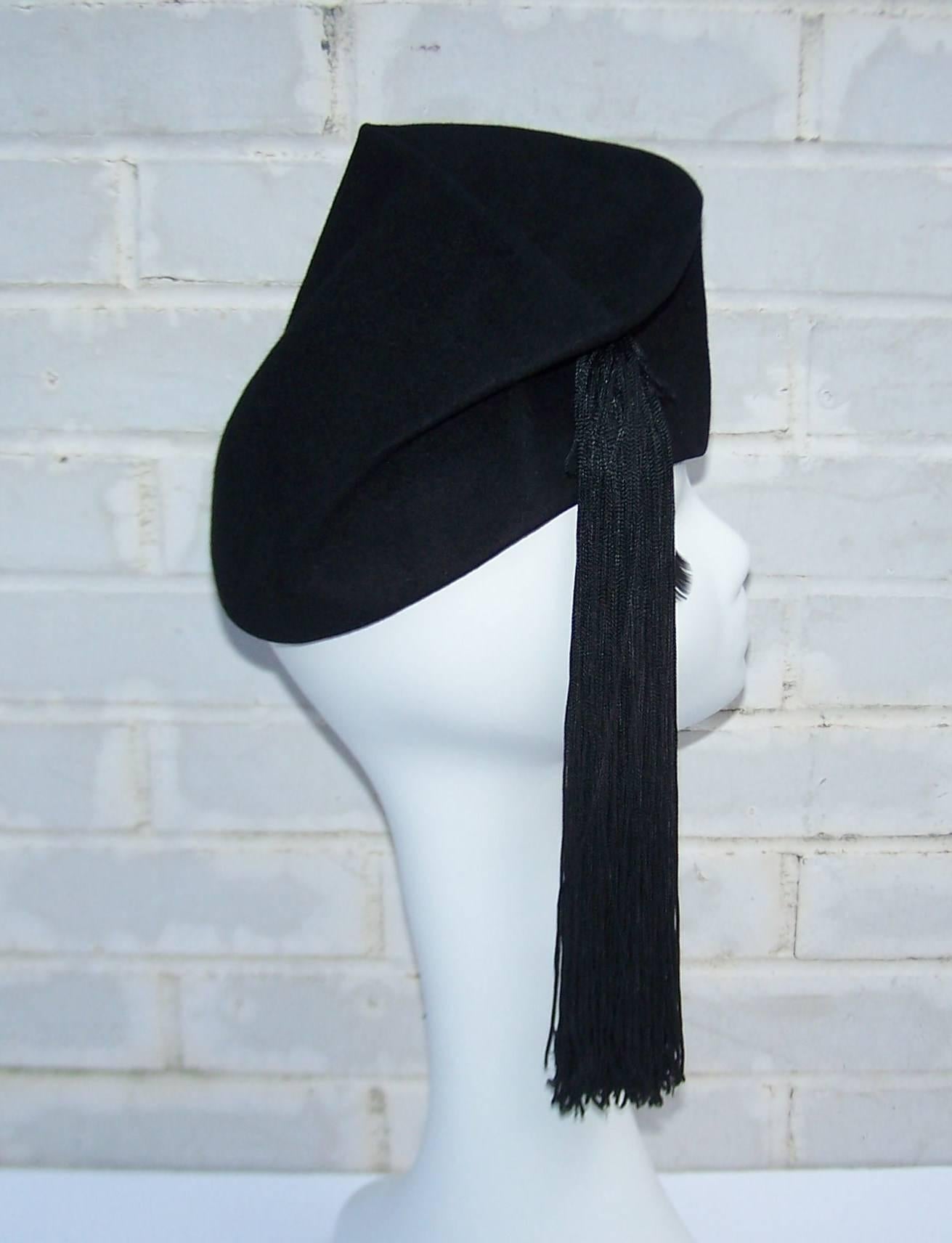 Dramatic 1940's Roberta Bernays Black Tilt Hat With Tassel 2
