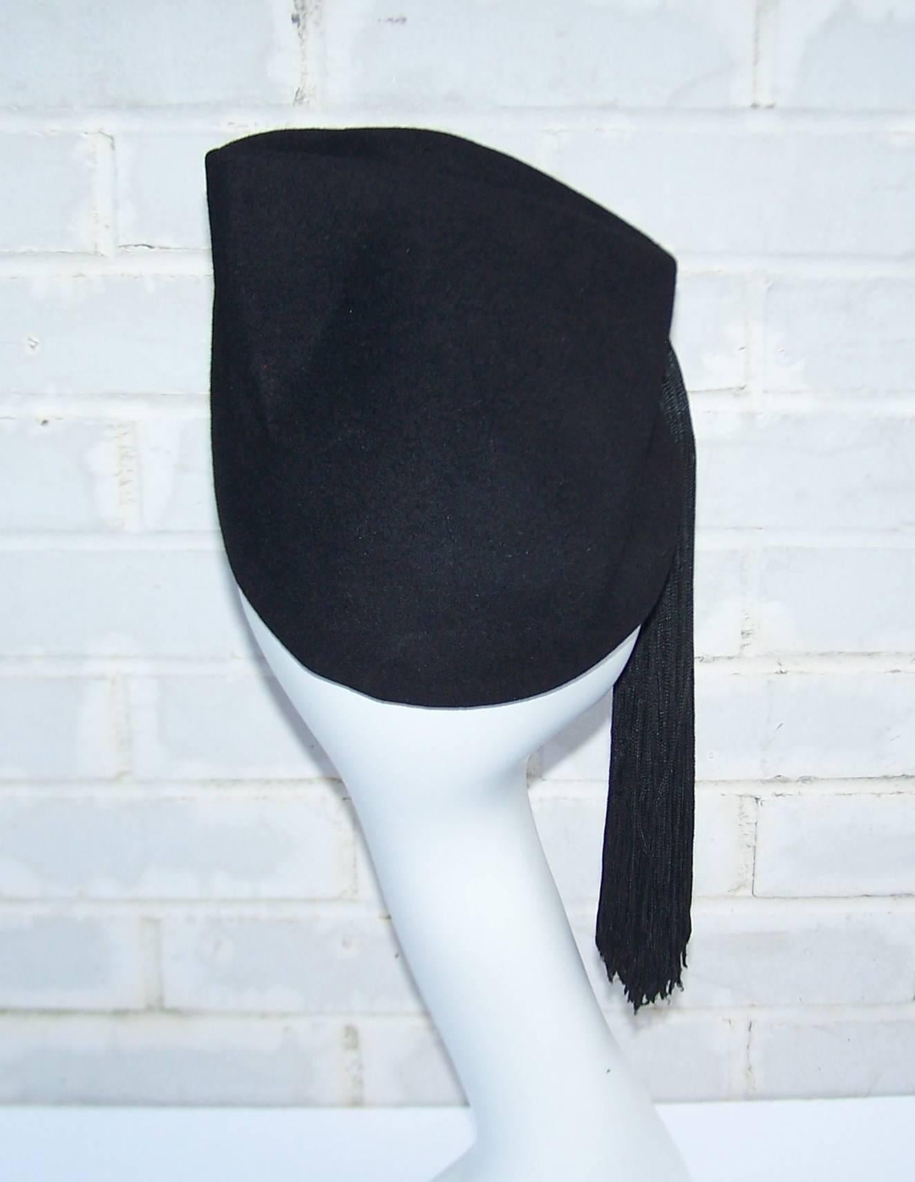Dramatic 1940's Roberta Bernays Black Tilt Hat With Tassel 3
