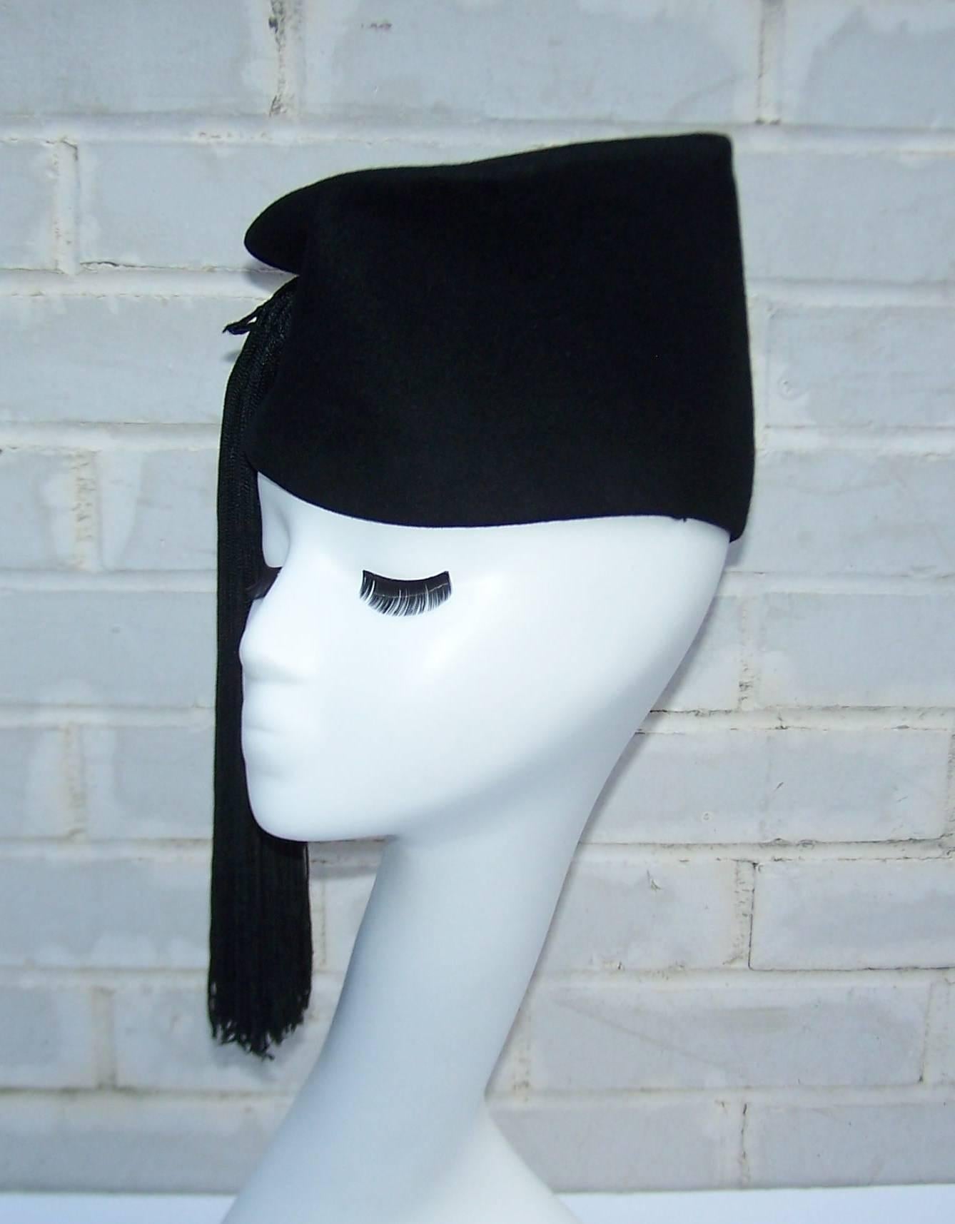 Dramatic 1940's Roberta Bernays Black Tilt Hat With Tassel 5