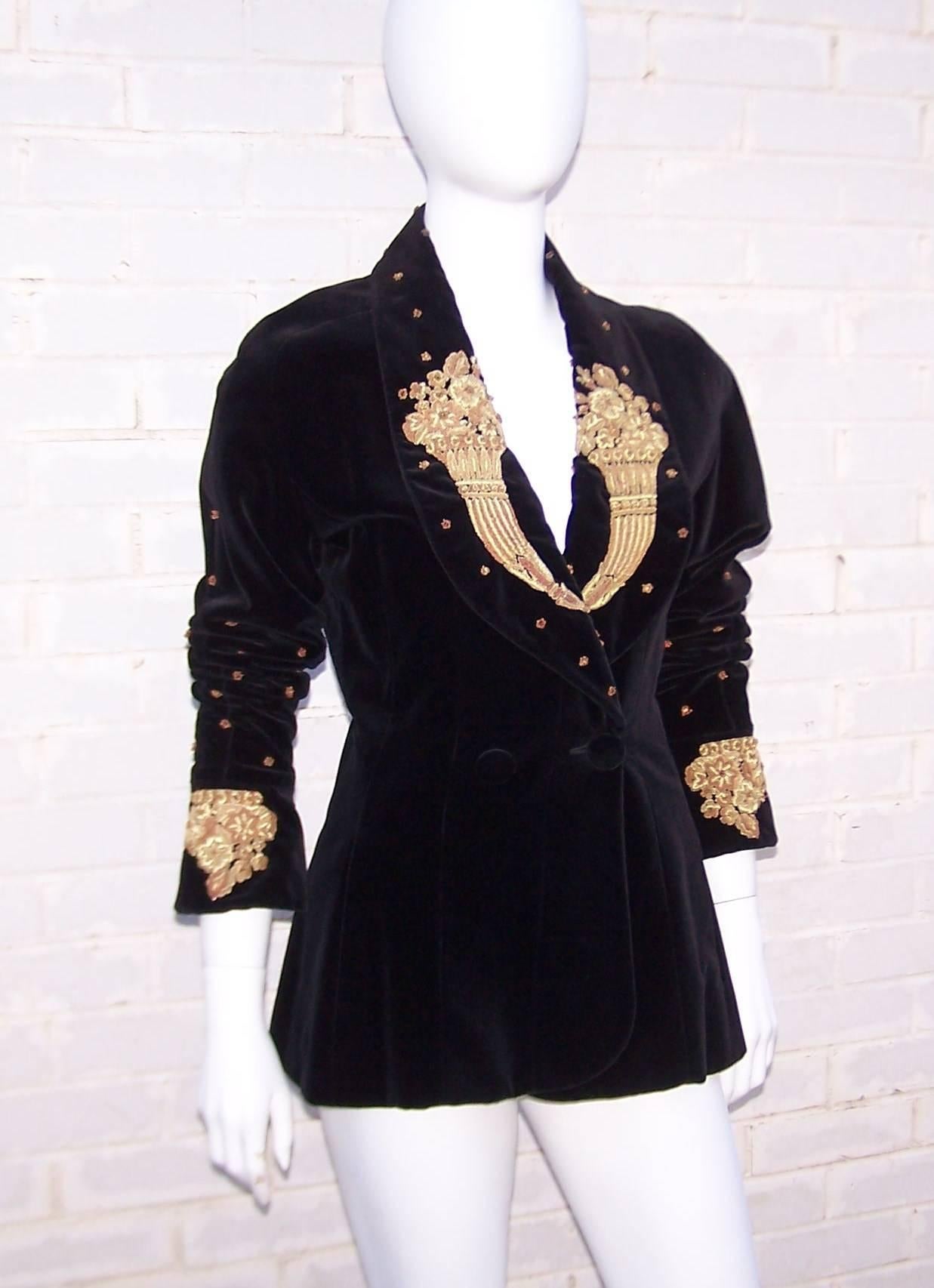 1980's Karl Lagerfeld Black Velvet Jacket With Intricate Gold Braid & Beading In Excellent Condition In Atlanta, GA