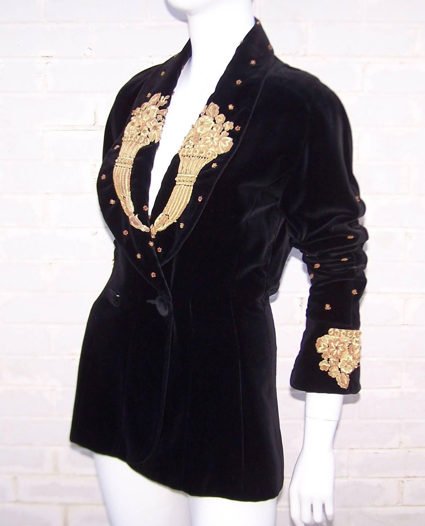 Women's 1980's Karl Lagerfeld Black Velvet Jacket With Intricate Gold Braid & Beading