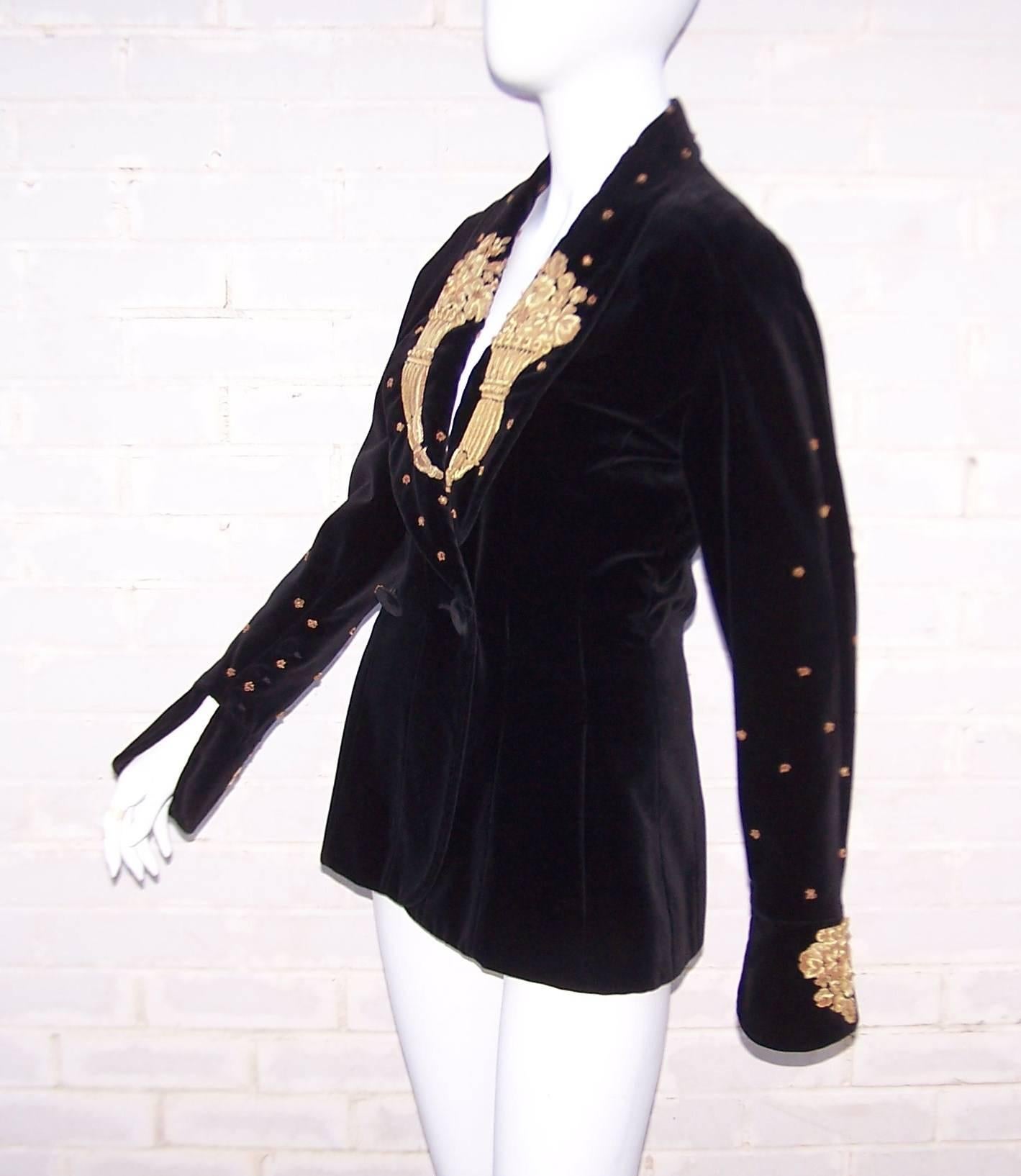 1980's Karl Lagerfeld Black Velvet Jacket With Intricate Gold Braid & Beading 1