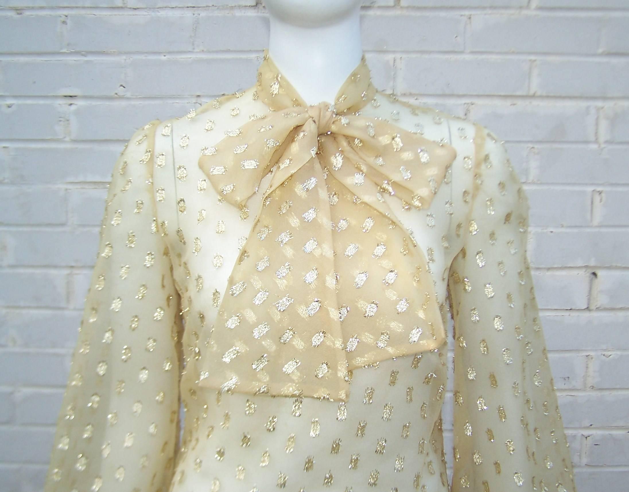 C.1970 Sheer Gold Lame Stock Tie Blouse In Excellent Condition In Atlanta, GA