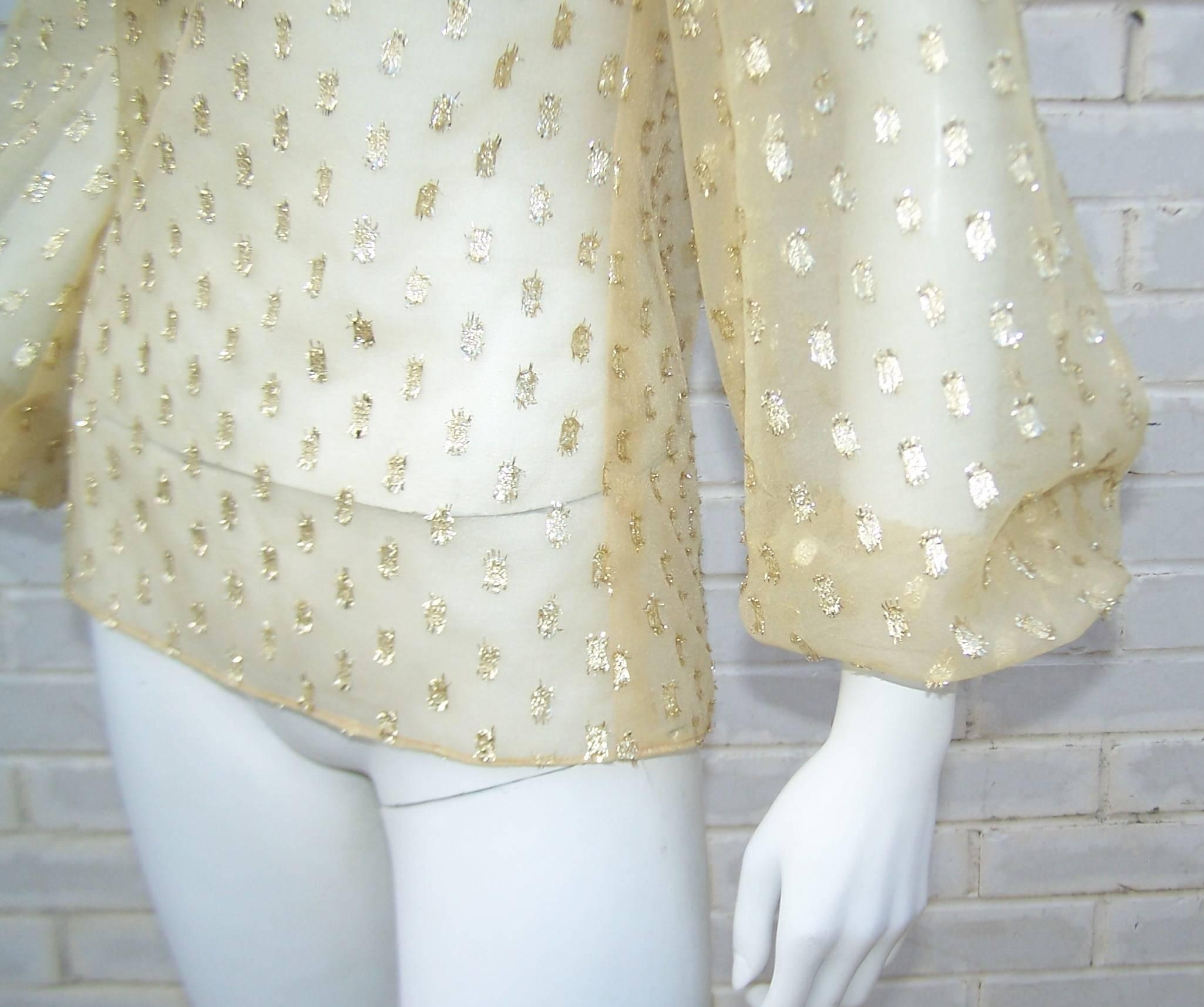 C.1970 Sheer Gold Lame Stock Tie Blouse 1