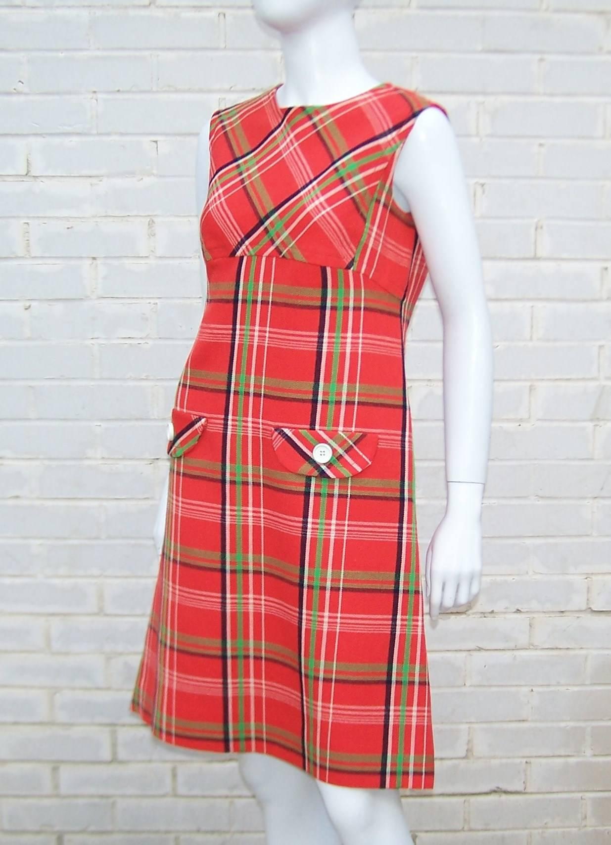 Women's Mod 1960's John Baldwin Plaid Jumper Style Dress With Matching Coat