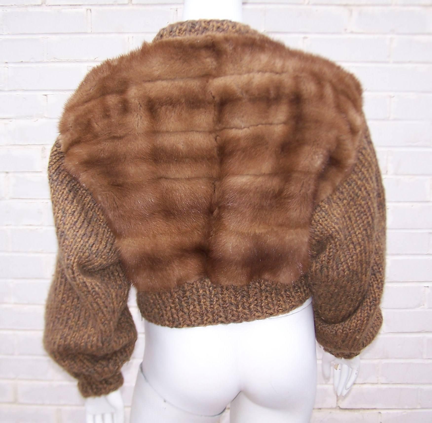 Cozy 1960's Mink Fur Sweater With Military Style Buttons In Excellent Condition In Atlanta, GA