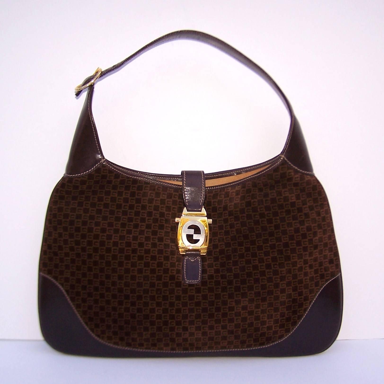 Black 1970's Gucci Jackie O Logo Brown Suede Handbag With Heavy Metal Lock