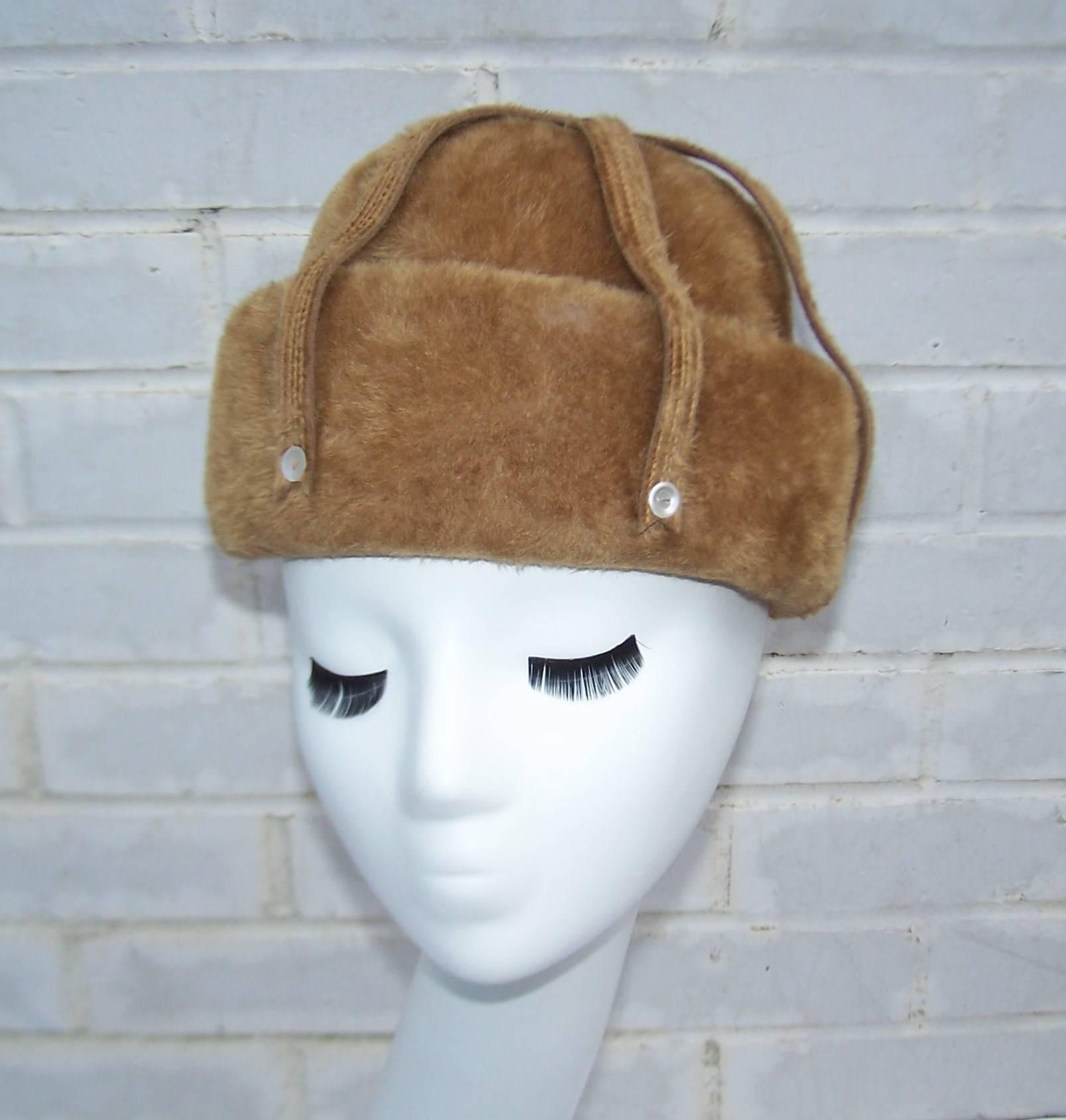 What a cutie!  This ultra soft wool hat by Hattie Carnegie, the lady that could dress you from 'hat to hem',  has the feel of sheared fur in a neutral caramel color that pairs well with browns, grays, blues, greens...you name it!  The whimsical