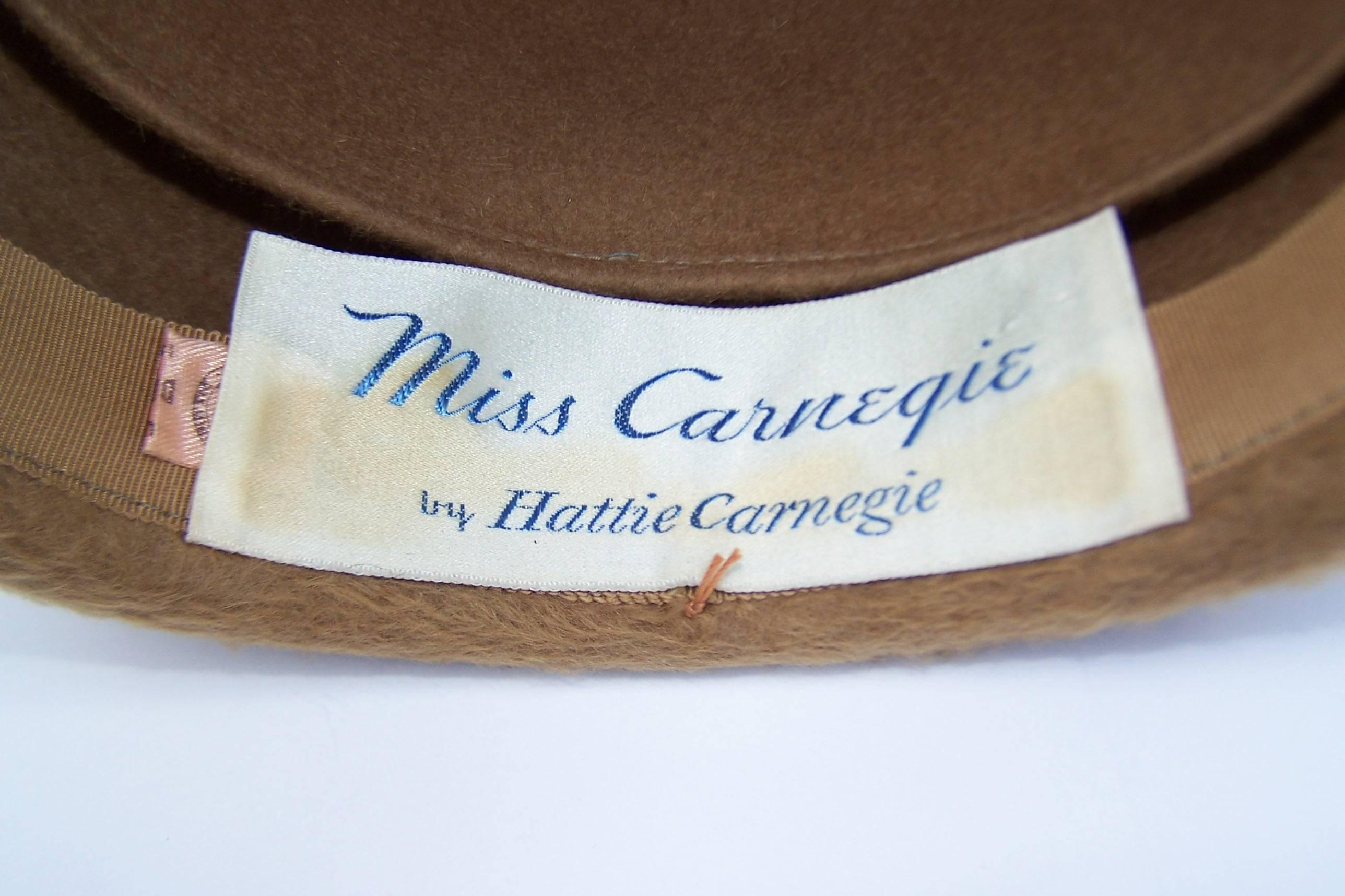 Whimsical 1950's Miss Carnegie by Hattie Carnegie Camel Wool Faux Fur Hat 5