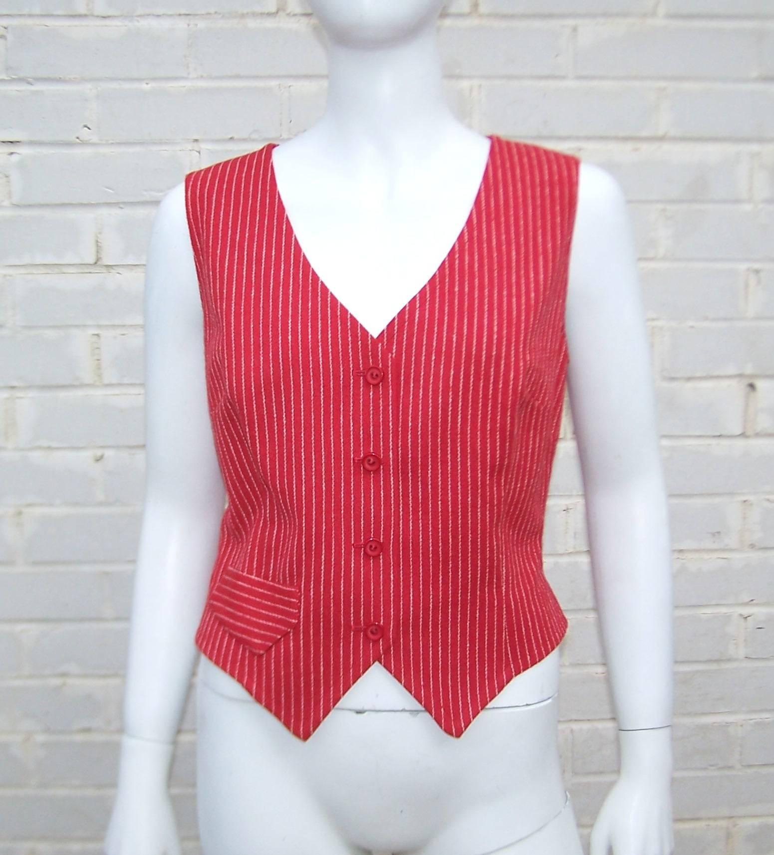 Get that old school 'Annie Hall' look with a classic waistcoat style vest from the classic American woolen company, Pendleton Mills.  This 100% wool design is updated with a lipstick red pinstripe perfect for a 1970's detail to a modern