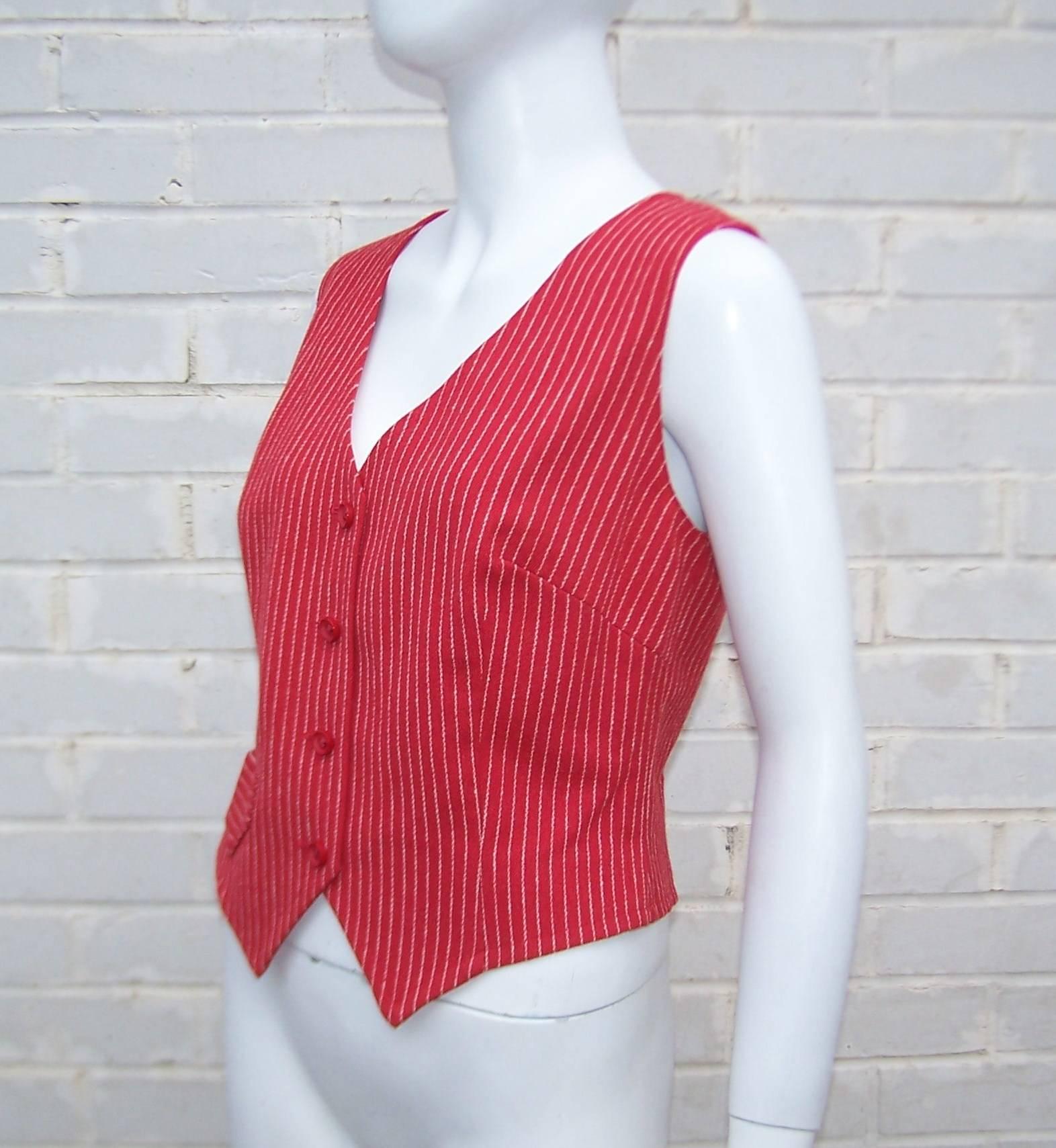1970's Young Pendleton Red Pinstripe Wool Waistcoat Vest In Excellent Condition In Atlanta, GA