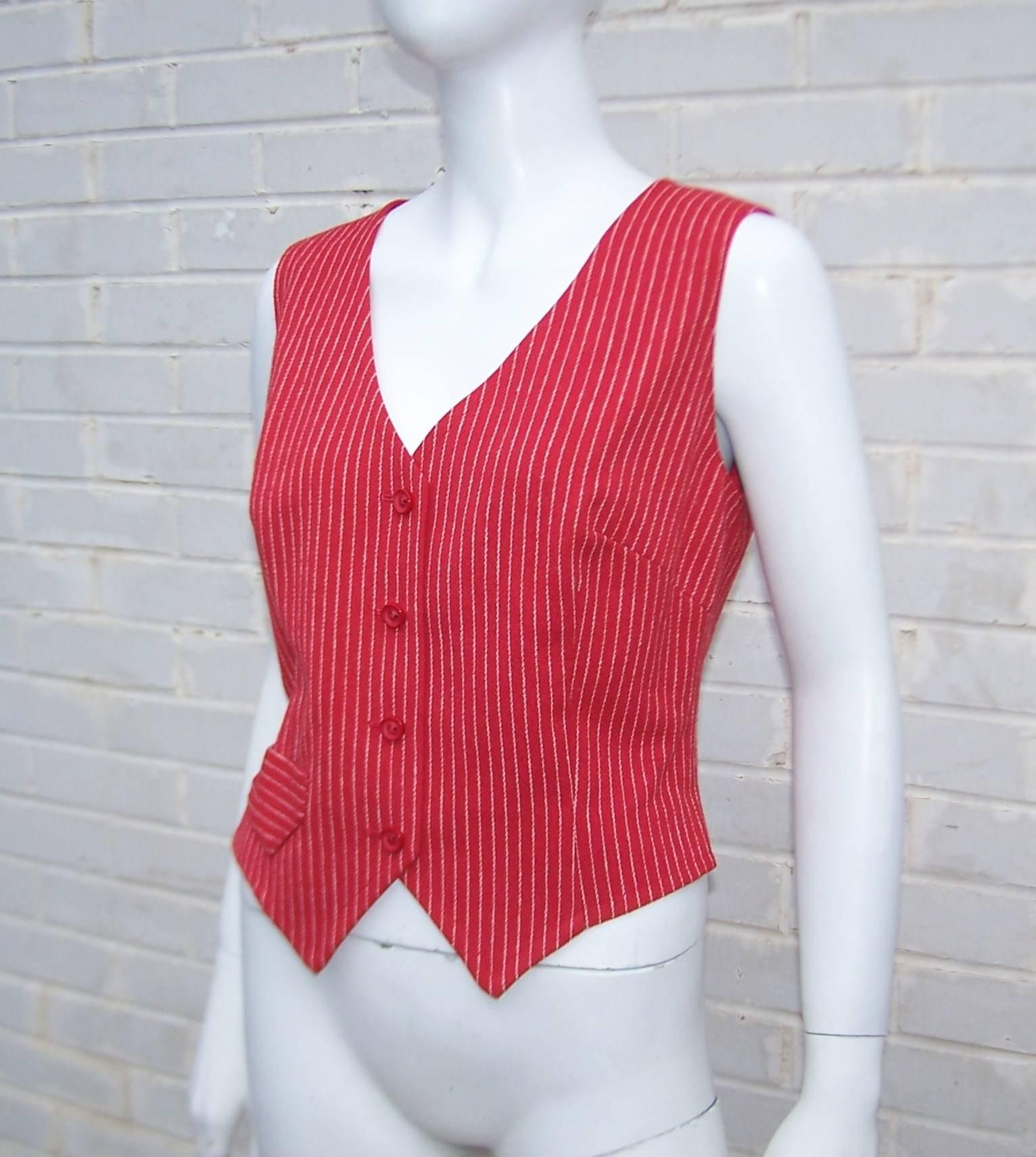 Women's 1970's Young Pendleton Red Pinstripe Wool Waistcoat Vest