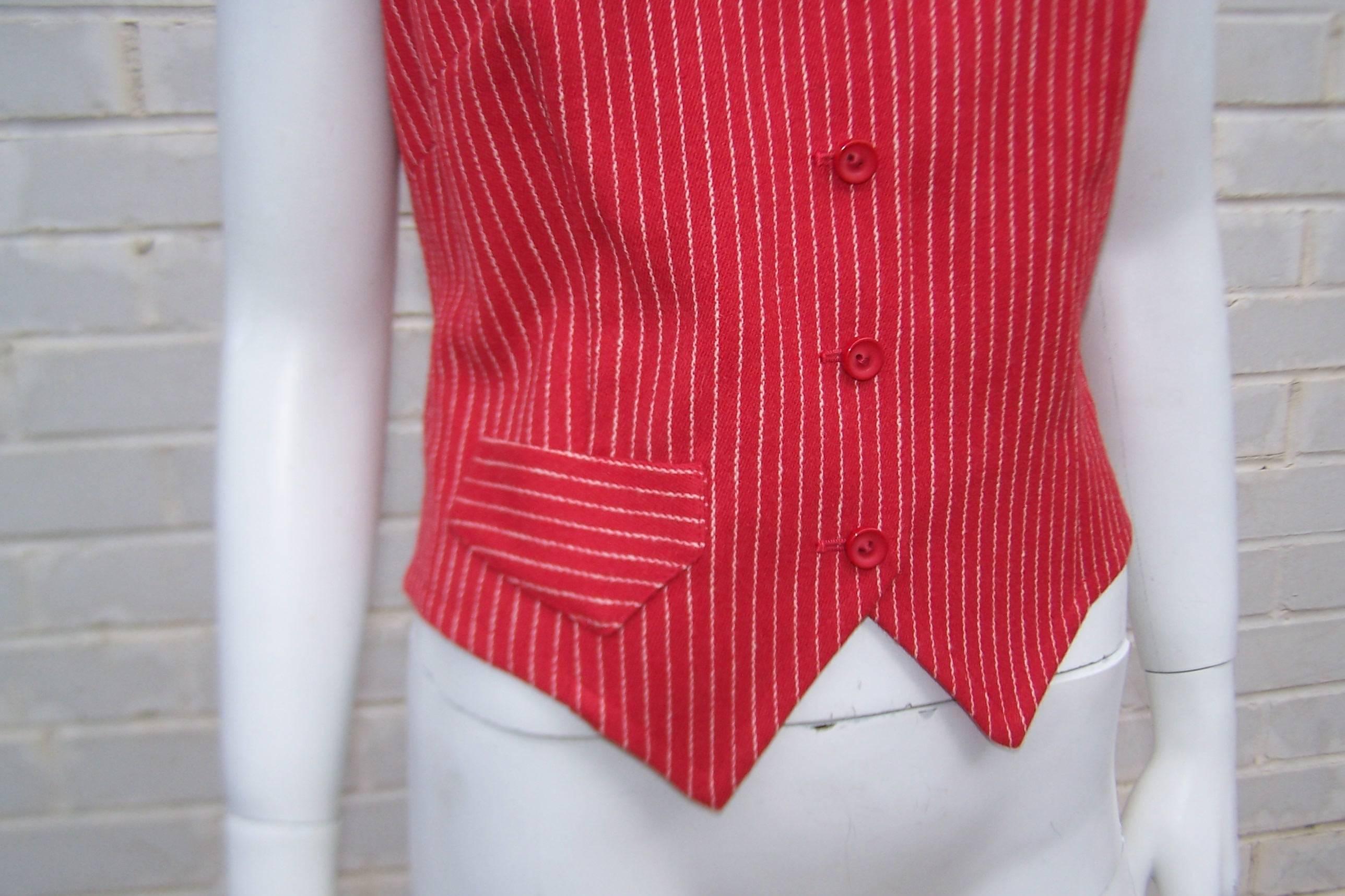 1970's Young Pendleton Red Pinstripe Wool Waistcoat Vest 2