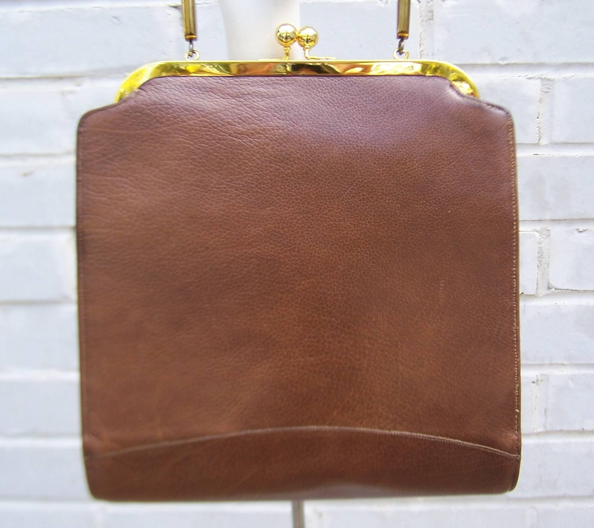 Brown Stylecraft 1950's Leather & Gold Textured Vinyl Handbag