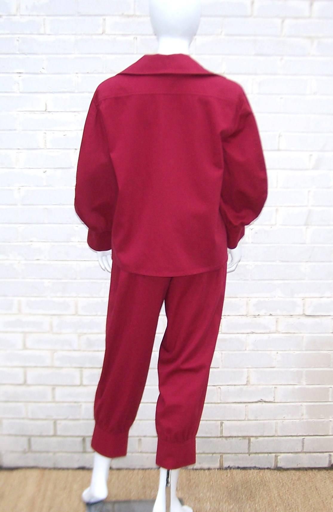 Red Fab C.1980 Yves Saint Laurent Rive Gauche Two Piece Play Pant Suit