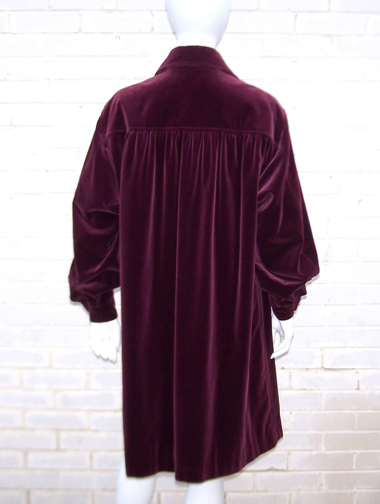 Black 1970's Yves Saint Laurent Rive Gauche Rich Ruby Red Velvet Smock Coat 