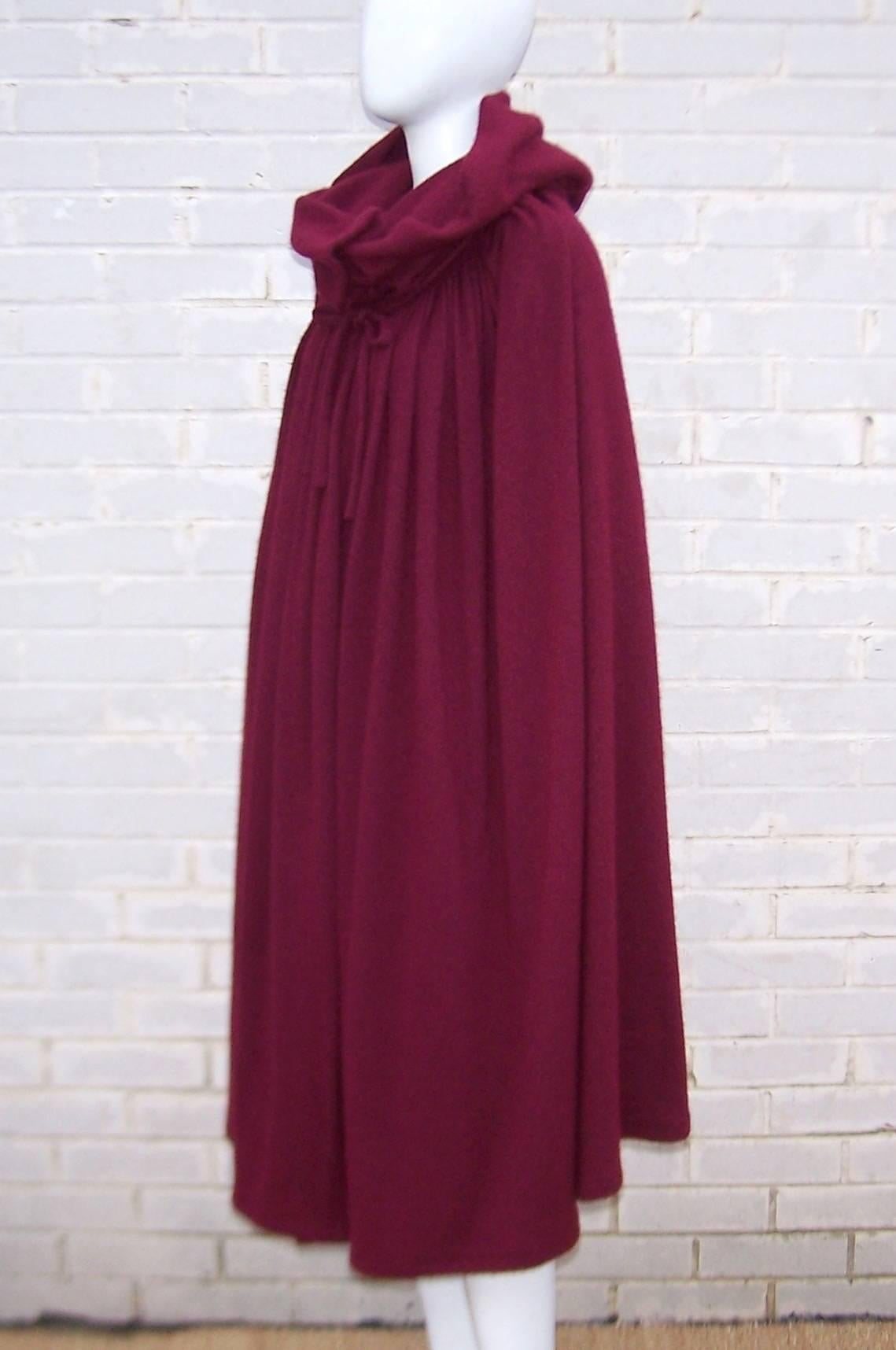 Dramatic 1970's Valentino Aubergine Angora Wool Sweater Cape With Skirt In Excellent Condition In Atlanta, GA