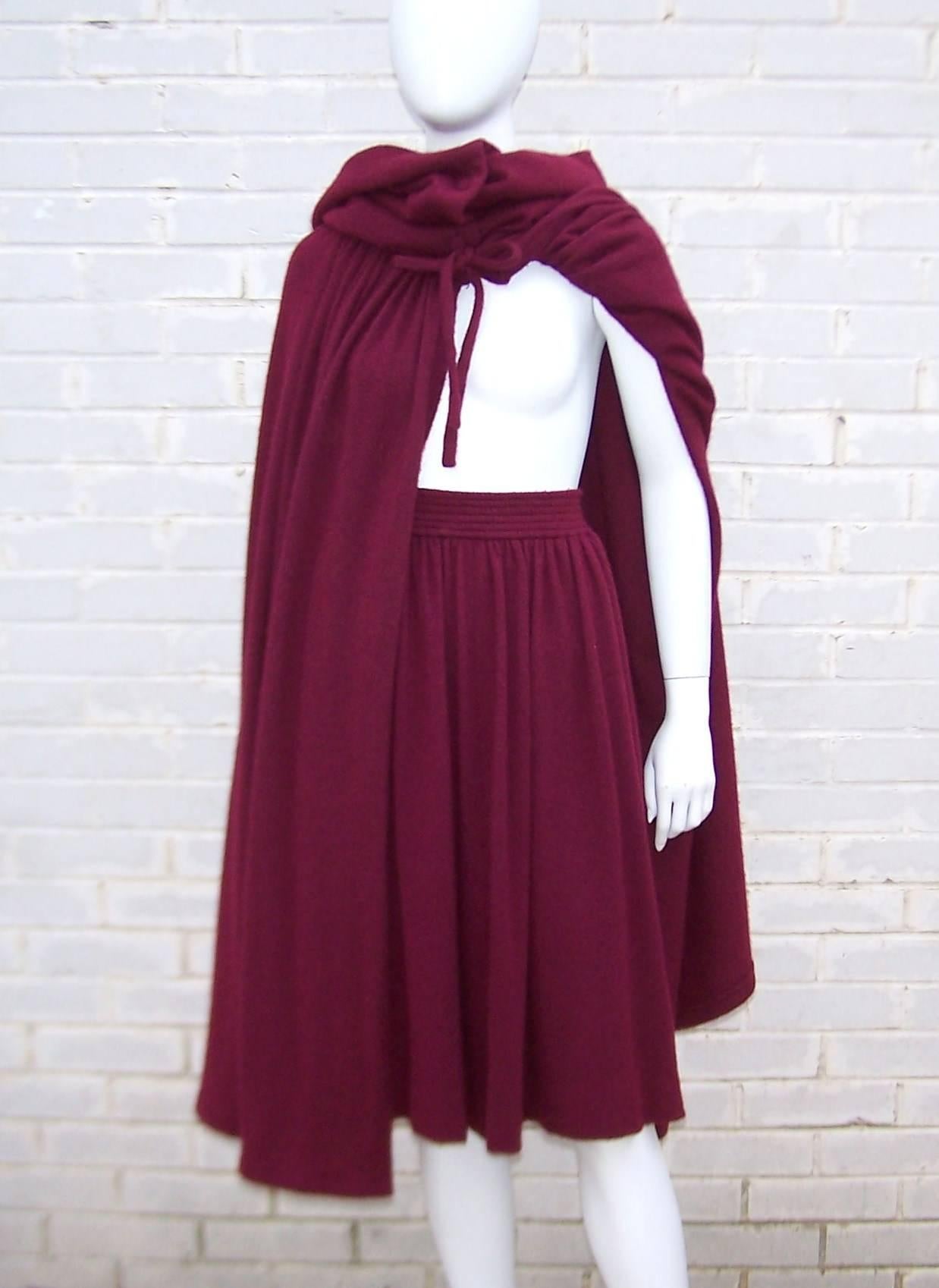 Dramatic 1970's Valentino Aubergine Angora Wool Sweater Cape With Skirt 1