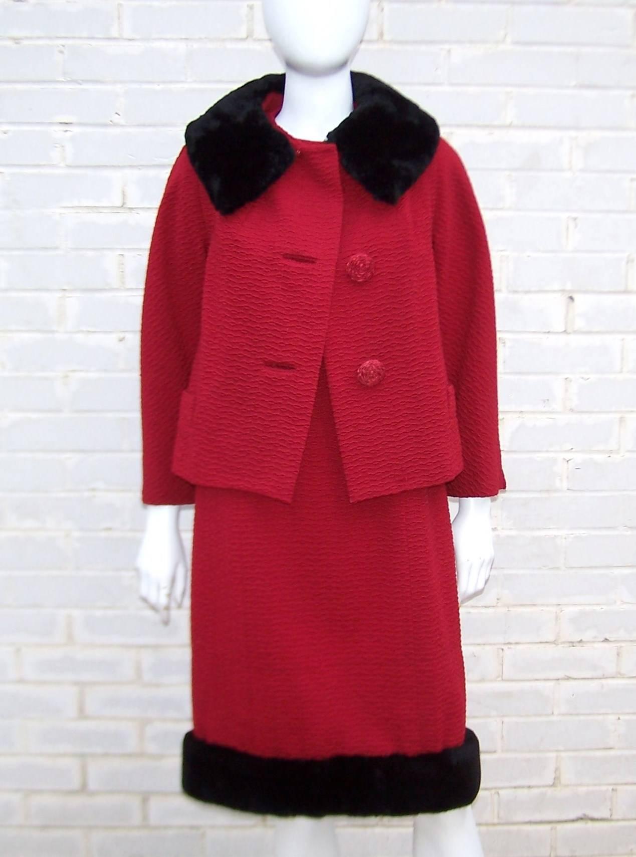 This two piece fur trimmed dress and jacket ensemble is reminiscent of Alfred Hitchcock's heroines from the 1950's...picture Eva Marie Saint, Tippi Hedren or Grace Kelly, to name a few.  Classy, cool and ladylike!  Both pieces are a textured cherry