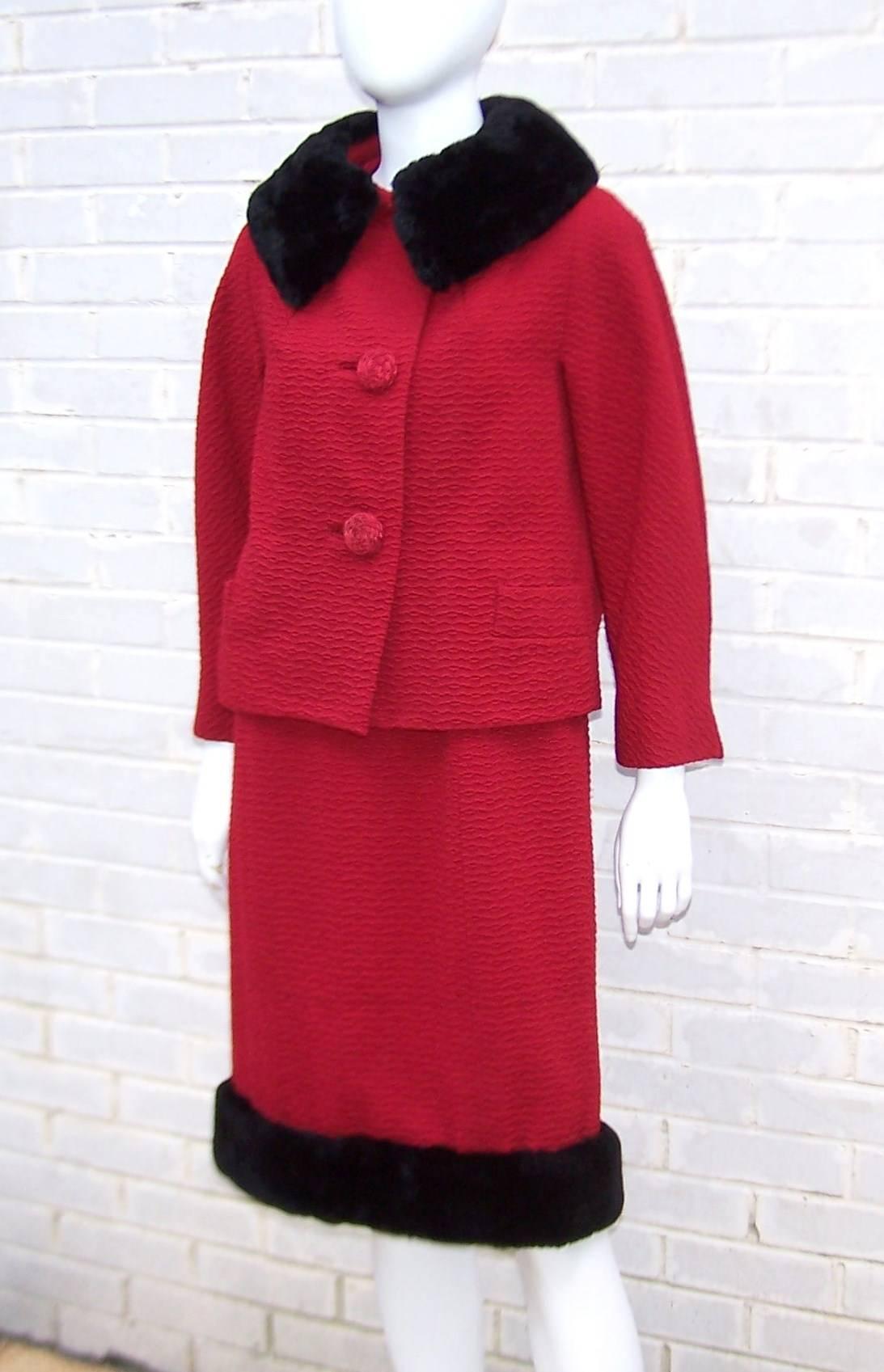 Red Classic 1950's Sheared Mink Fur Trimmed Dress & Jacket Ensemble