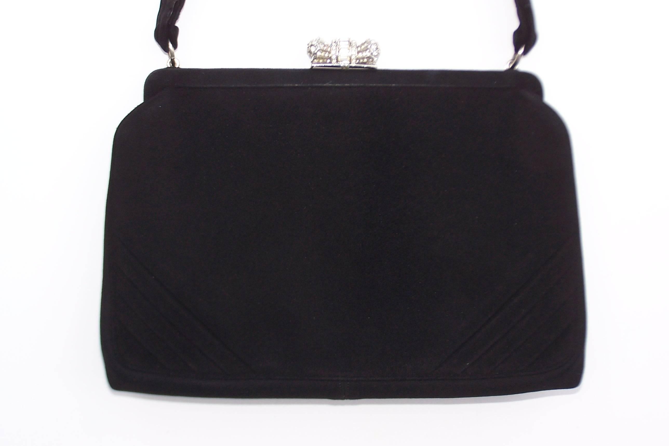 Women's Classic 1950's Coblentz Black Suede Evening Handbag With Rhinestone Closure