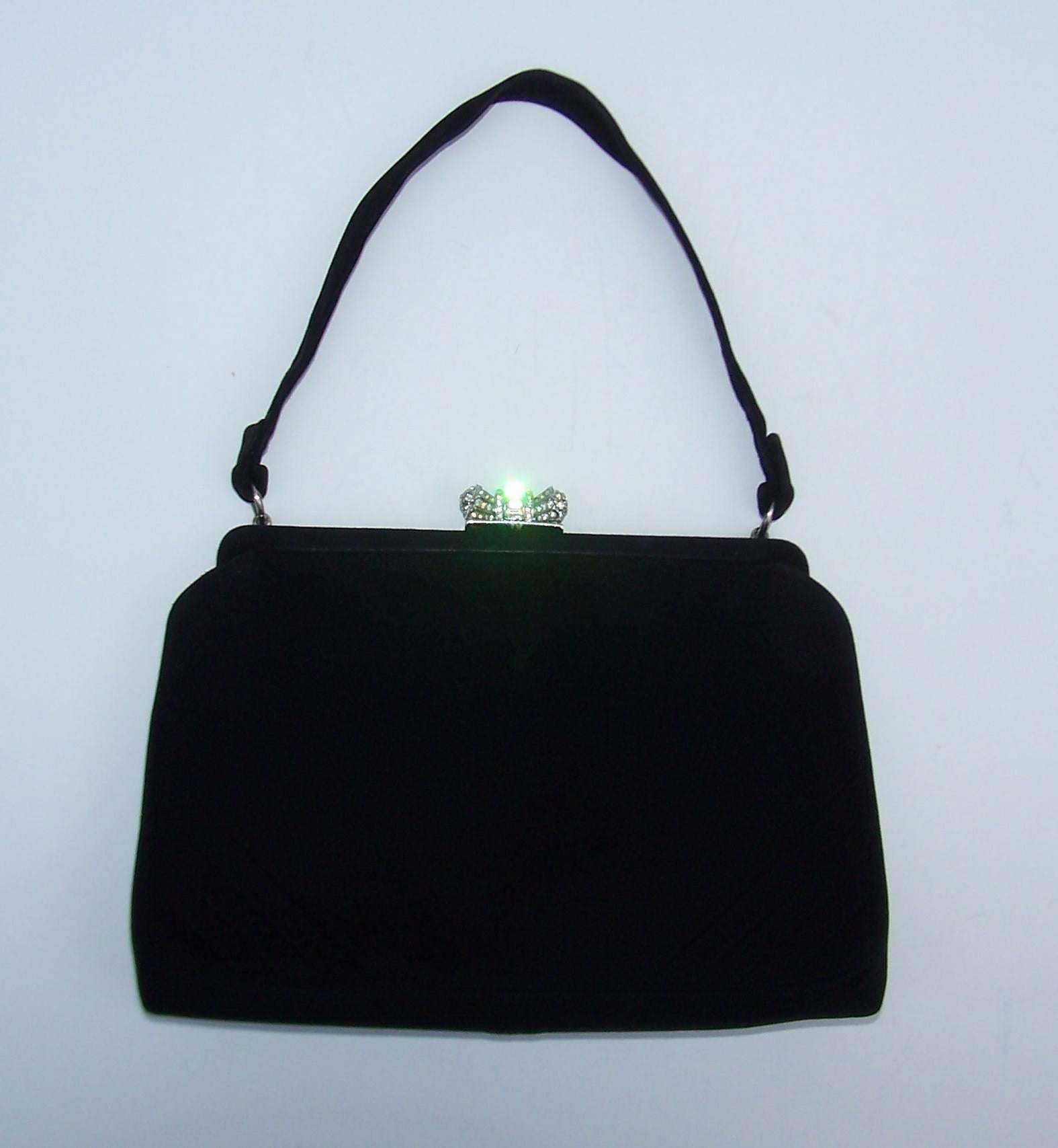 Classic 1950's Coblentz Black Suede Evening Handbag With Rhinestone Closure 4