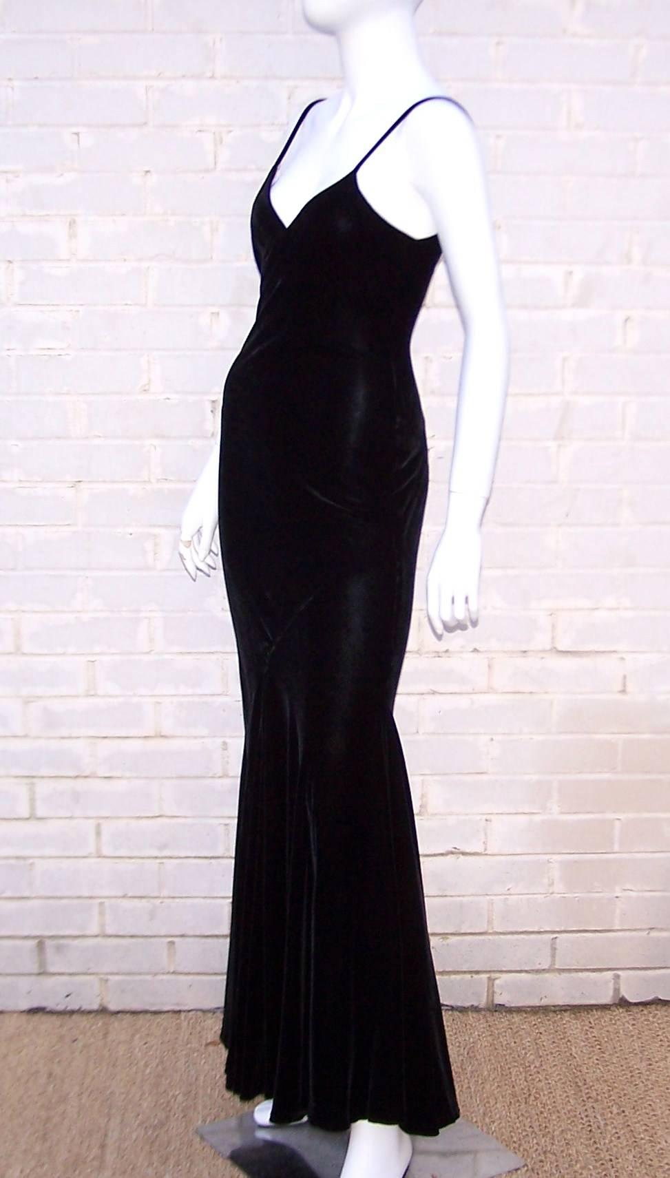 Femme Fatale 1990's Severin Black Bias Cut Slinky Velvet Dress In Excellent Condition In Atlanta, GA